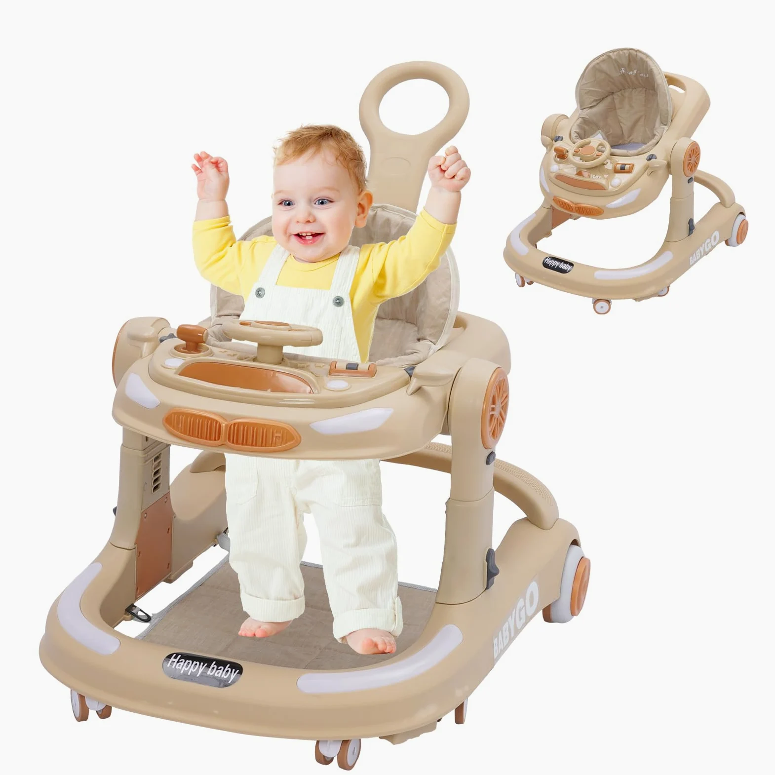 4 in 1 Lauflernhilfe, Baby Walker Höhenverstellbar, Gehhilfe mit Esstablett, Spielcenter, Bodenmatte und Bremse, Anti-Collision Design, Faltbarer Lauflernwagen Baby ab 6 9 18 Monate