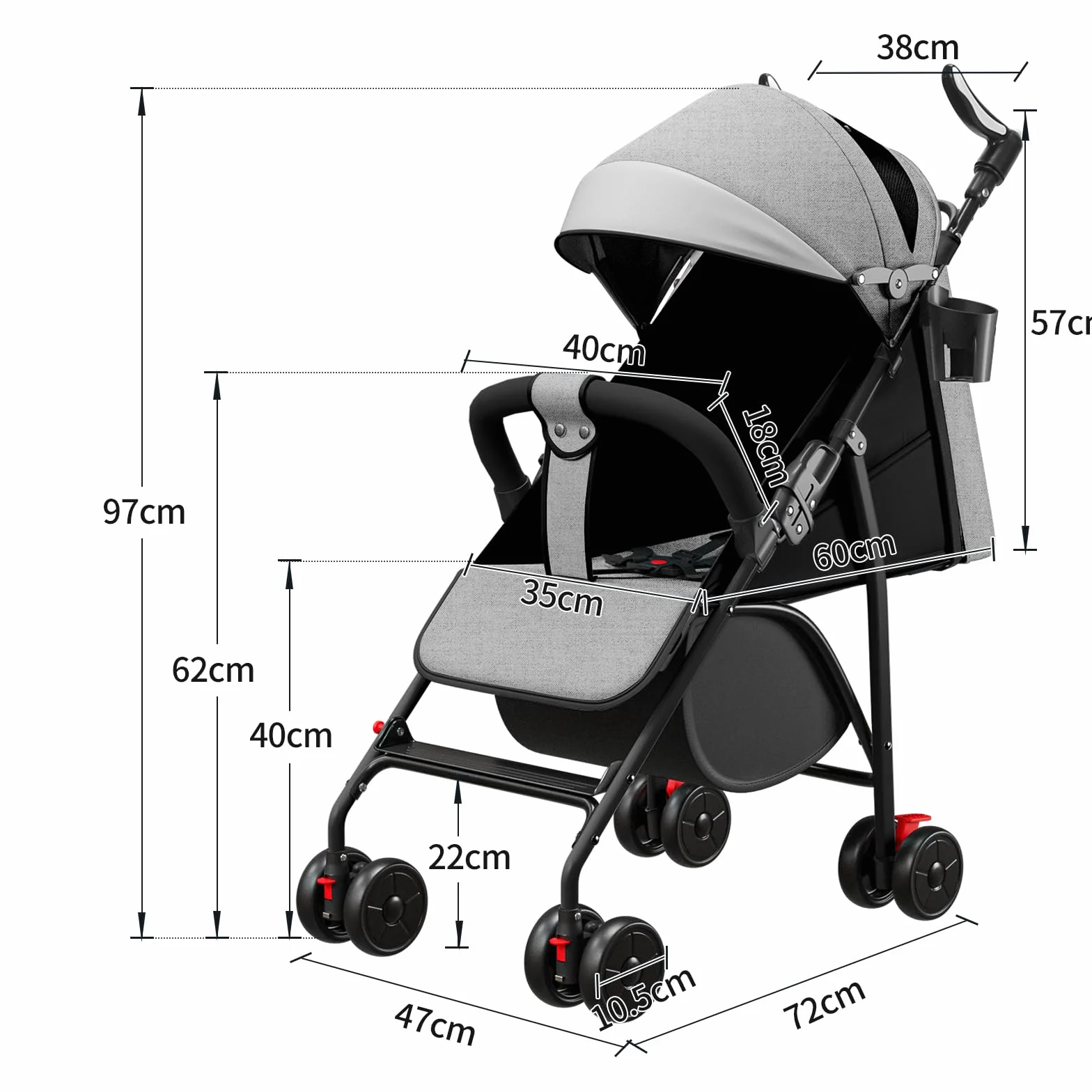 OHMG Reisebuggy flugzeug handgepäck,Kinderkraft Kinderwagen,Leichte Reise Buggy,Liegeposition, Kleine Maße nach Zusammenklappen,Vergrößerbares Verdeck,Für Geburt, bis 22 kg (A-Grau)