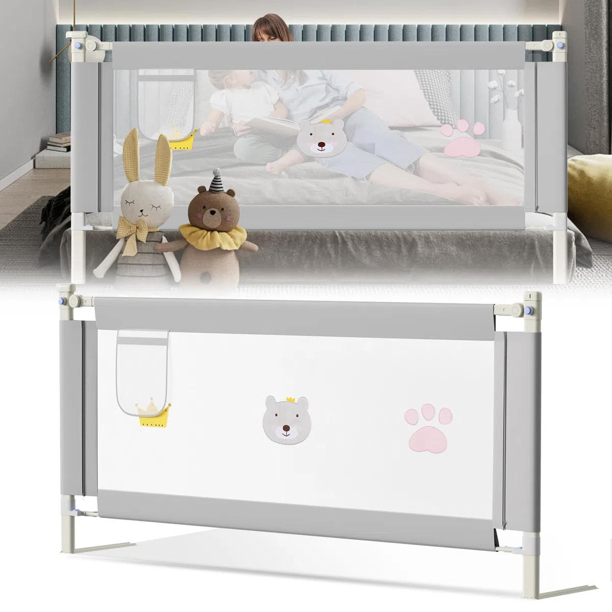 Bettgitter Rausfallschutz 2X 200cm+1X 180cm, Kinderbettgitter Höhenverstellbar 64-96cm, Bettschutzgitter für Kleinkinder, Babybettgitter mit Luftiges Netz -Grau