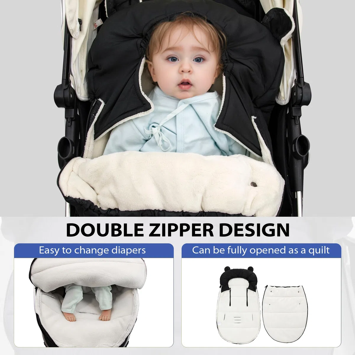 Universelle Fußsack für Kinderwagen, Baby Winterfußsack Fusssack Kinderwagen, Universal Fußsack für Babyschale Buggy, Schwarz