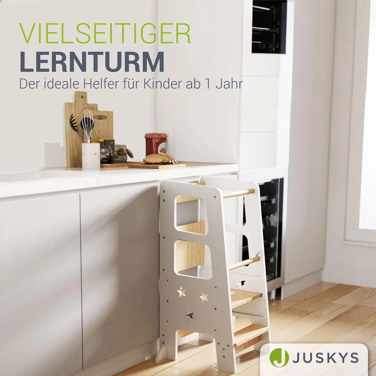 Juskys Lernturm Henny - für Kinder ab 1 Jahr, Stehhilfe, 3-Fach höhenverstellbar, Umkippschutz, Küchenhelfer - Weiß