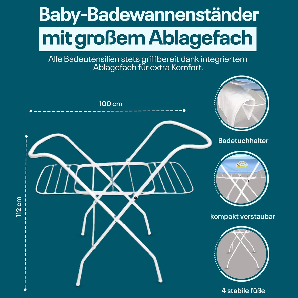 Universalständer für Babywannen, 84 und 100 cm , mit oder ohne Ablage, weiß, ohne Babywanne (100 cm mit Ablage)