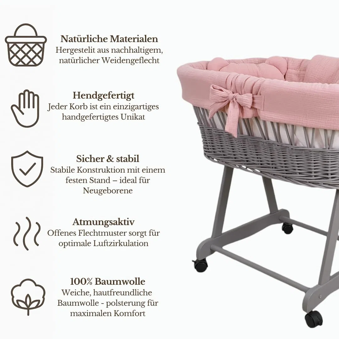 Wiklinopol Stubenwagen aus Weide mit Gestell & Matratze Amelia – Moseskorb in Grau – Set Musselin-Bettwäsche in Rosa – Weidenkorb, Tragbar, Ideal für Neugeborene