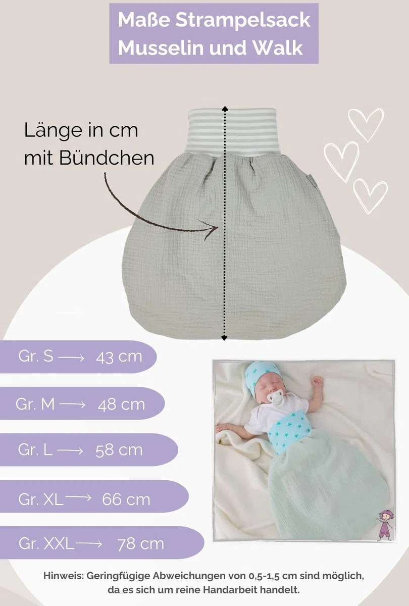 Lilakind“ Baby Musselin Strampelsack | Kleinkind Musselin Schlafsack | Made in Germany - Beere Rosa Grau Grün Petrol Waldgrün Weiß Ungefüttert Gefüttert Gr. 0-36 Monate