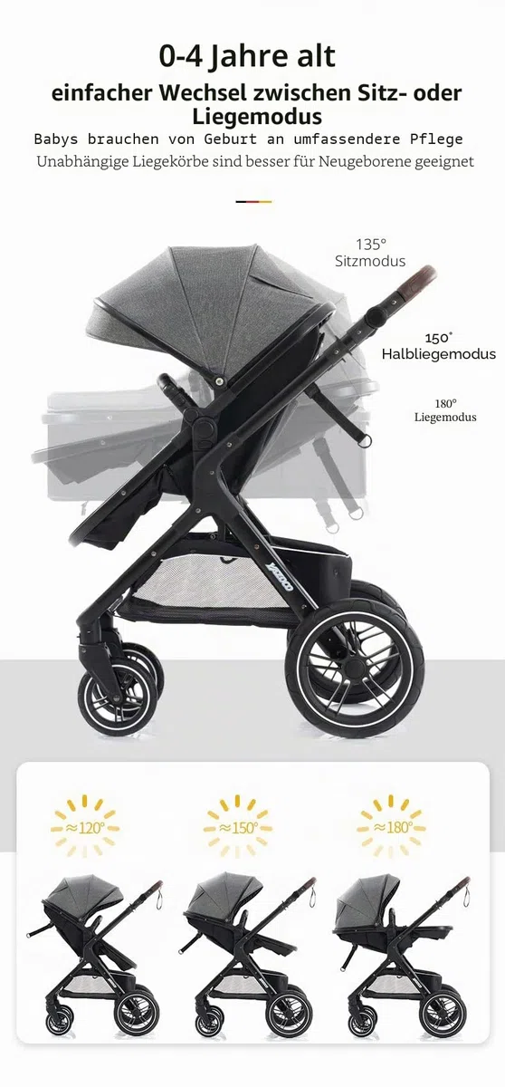 YAZOCO kinderwagen, kinderwagen 3 in 1 Kombikinderwagen reisesysteme mit Moskitonetz Regenschutz Fußsack, Zusammenklappen, Liegeposition
