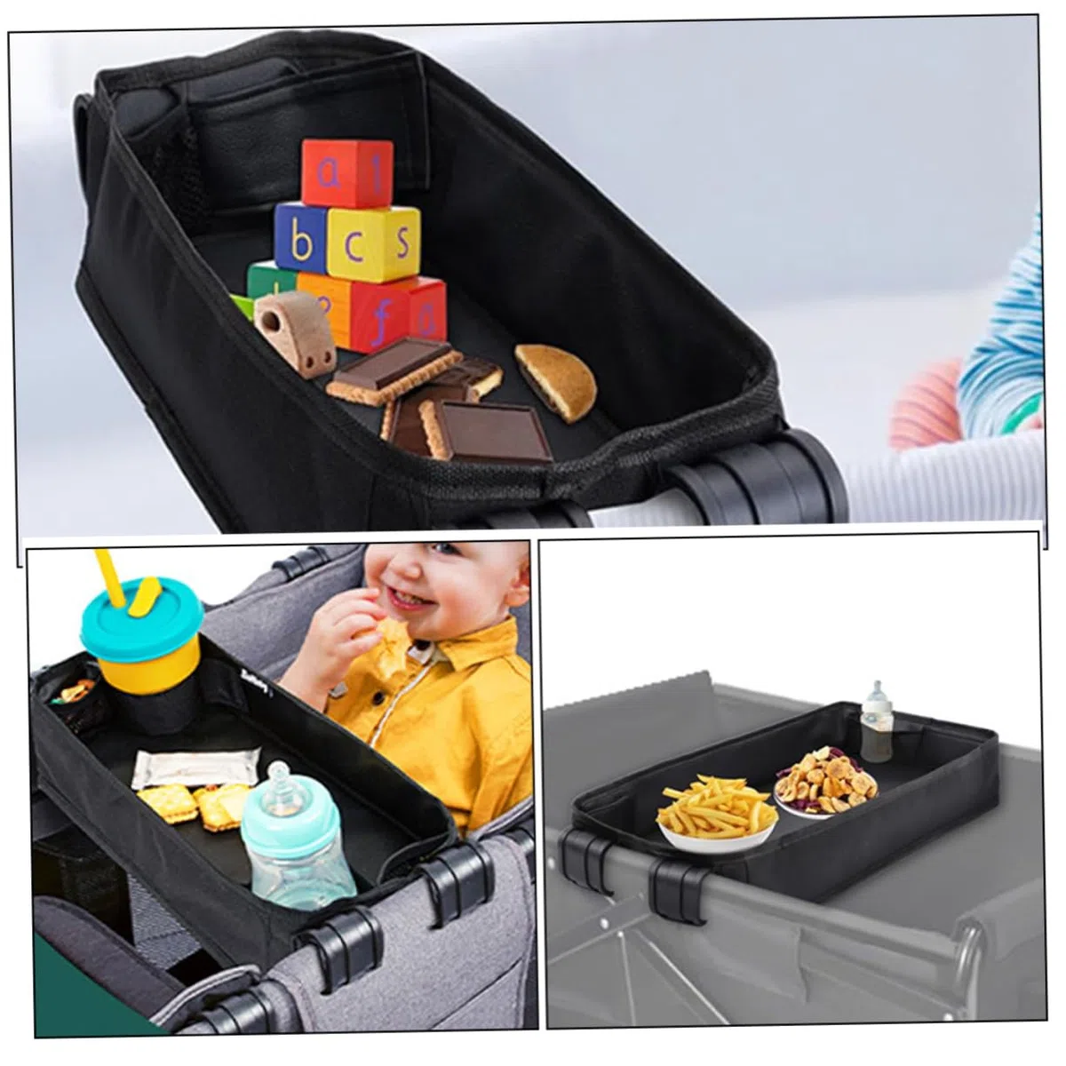 ORFOFE Kinderwagen Tablett mit Universellem Snack und Getränkehalter Abnehmbares Zubehör für Kinderwagen Organizer mit Clip Funktion Schwarz