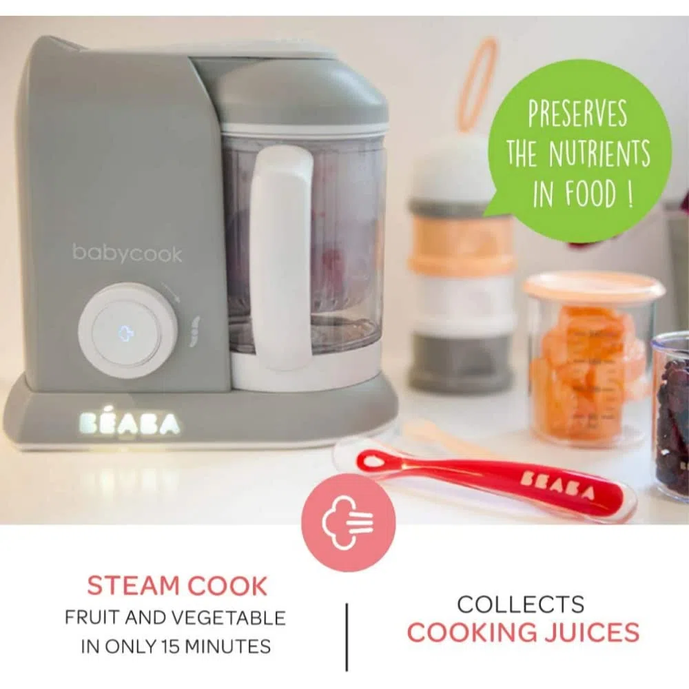 Béaba – Babycook Solo – 4-in-1 Babynahrungszubereiter – Mixen, Aufwärmen und Dampfgaren– Schnelles Dampfgaren – Hausmannskost für Babys und Kleinkinder – Abwechslungsreiche Ernährung für Ihr Baby–grau