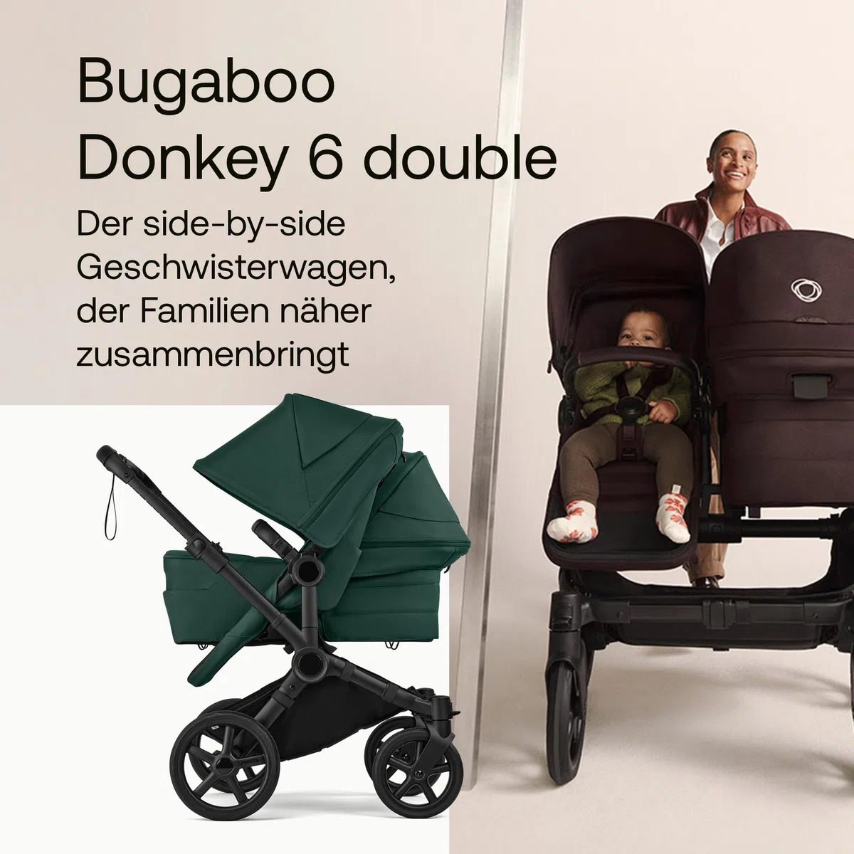 Bugaboo Donkey 6 Double, Geschwisterwagen für Baby & Kleinkind, Doppelkinderwagen mit wendbarem Sitz und Liegewanne, komfortable Einhand-Lenkung, Fern Green