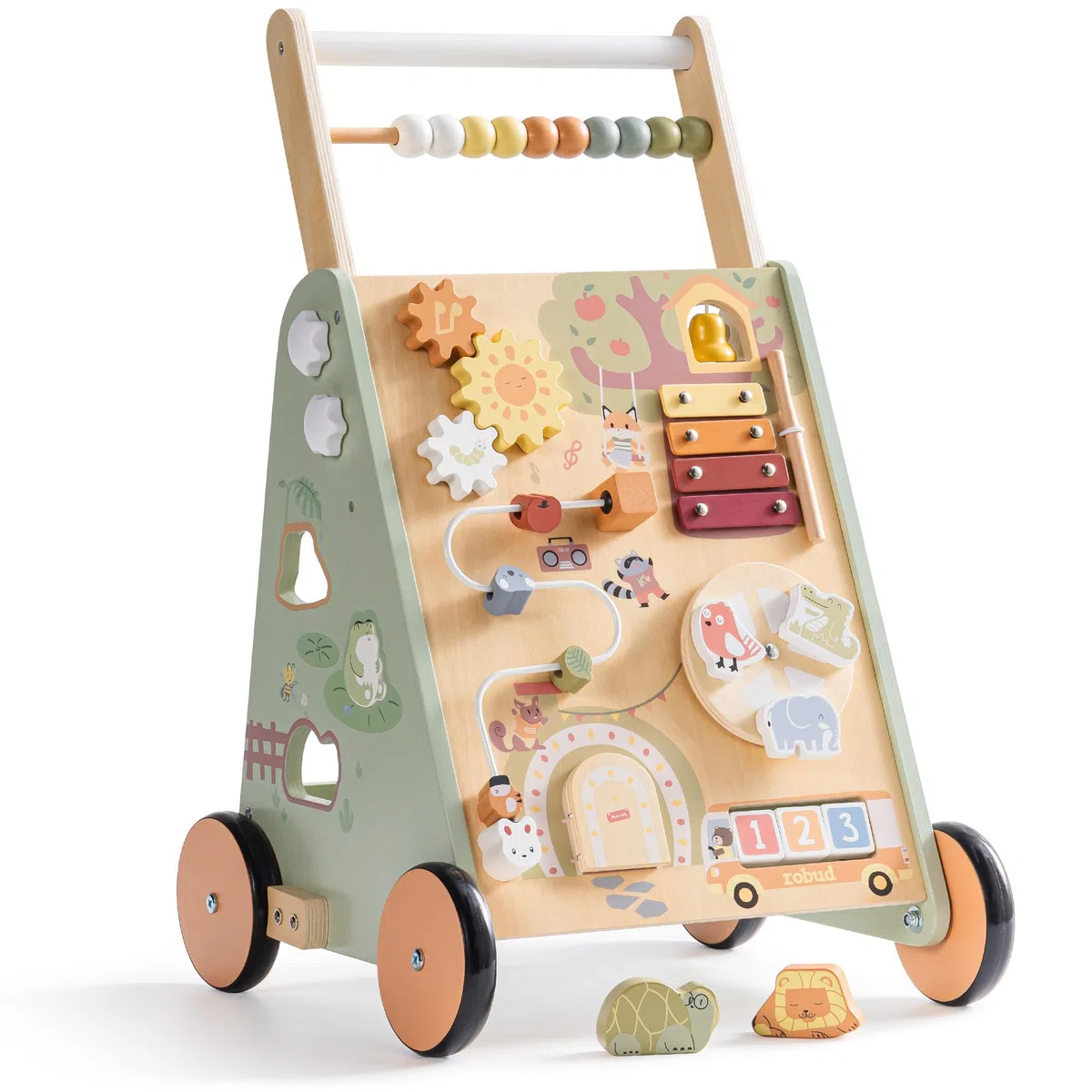 ROBUD Holzroller für Kleinkinder, 8-in-1 multifunktionales Spielzeug mit Aktivitätszentrum, viel Stauraum, Höhen- und Geschwindigkeitskontrolle, pädagogische Lernroller für