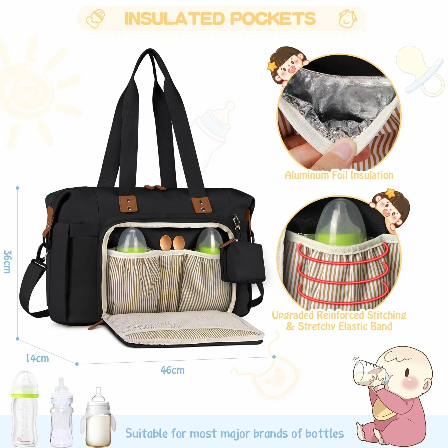 RAINSMORE Baby Wickeltasche Groß mit Schnullertasche und Wickelunterlage Multifunktions Babytasche Reisewindeltasche für Mama und Papa Schwarz