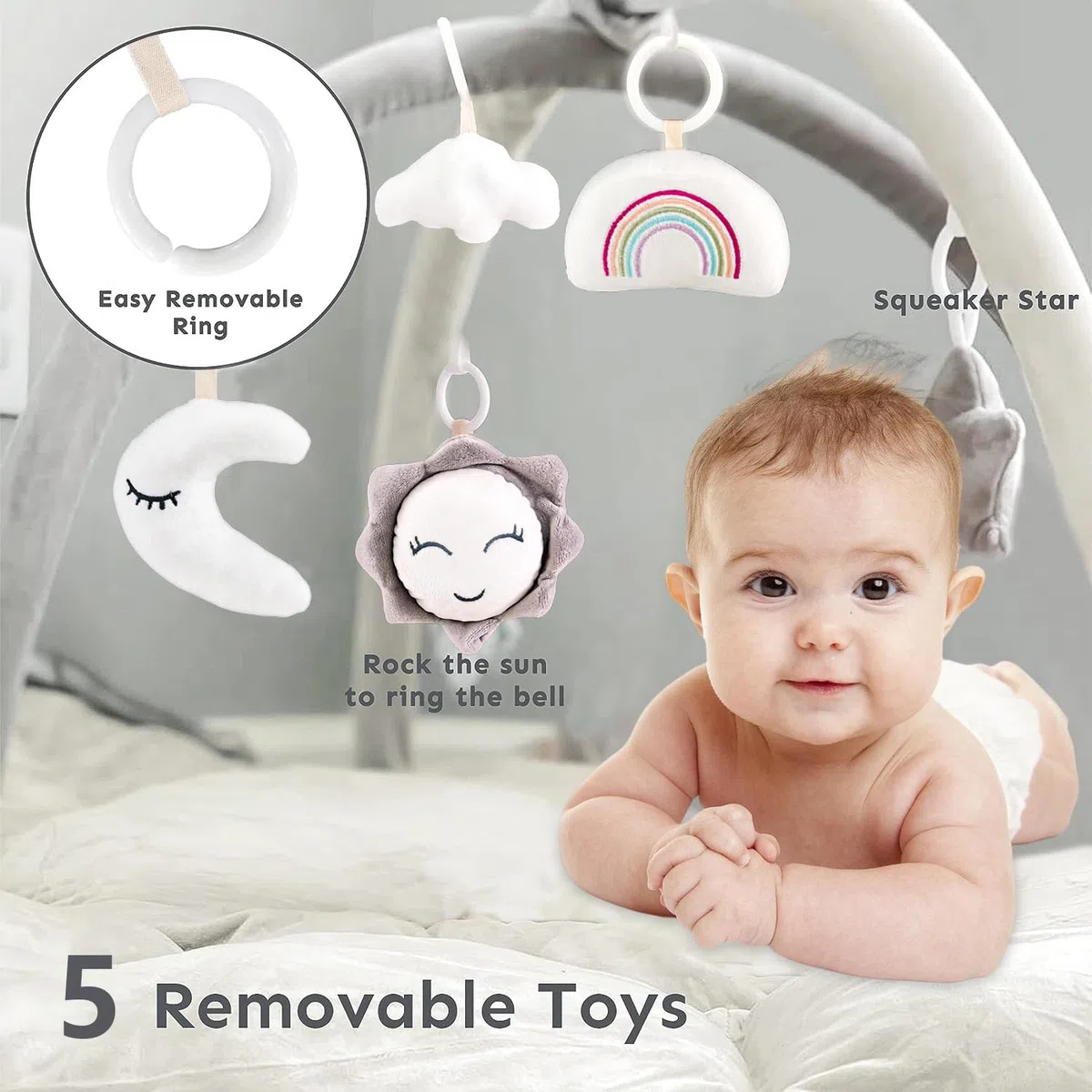 5-in-1 Baby Spieldecke,Krabbeldecke für Baby Spielmatte, Krabbelmatte mit Spielbogen 5 abnehmbarem Babyspielzeug, ab der Geburt