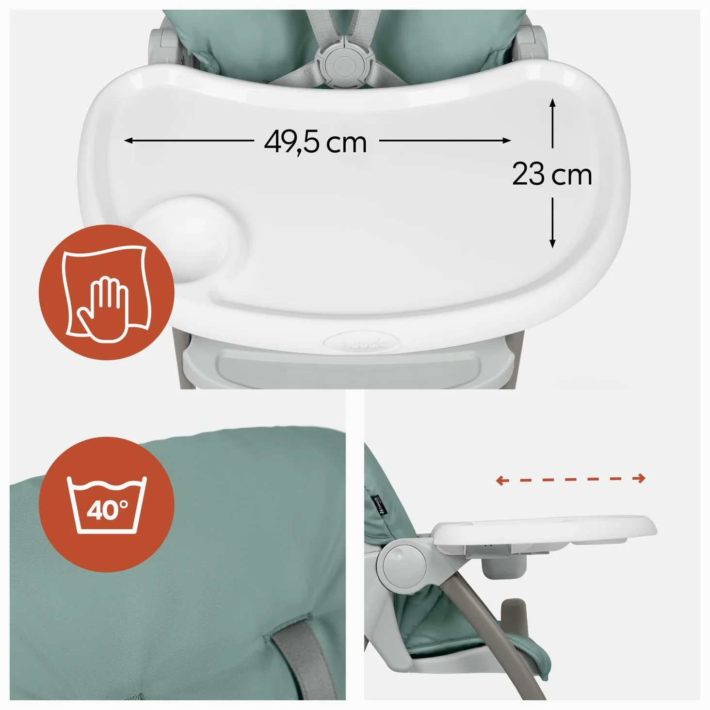 hauck Sit N Fold, Dusty Mint - Faltbarer Hochstuhl für Kinder ab 6 Monaten bis 15 kg, mit 5-Punkt-Gurt, Rückenlehne & Essbrett Verstellbar, Bechervertiefung & Erhöhter Rand, Großer Korb