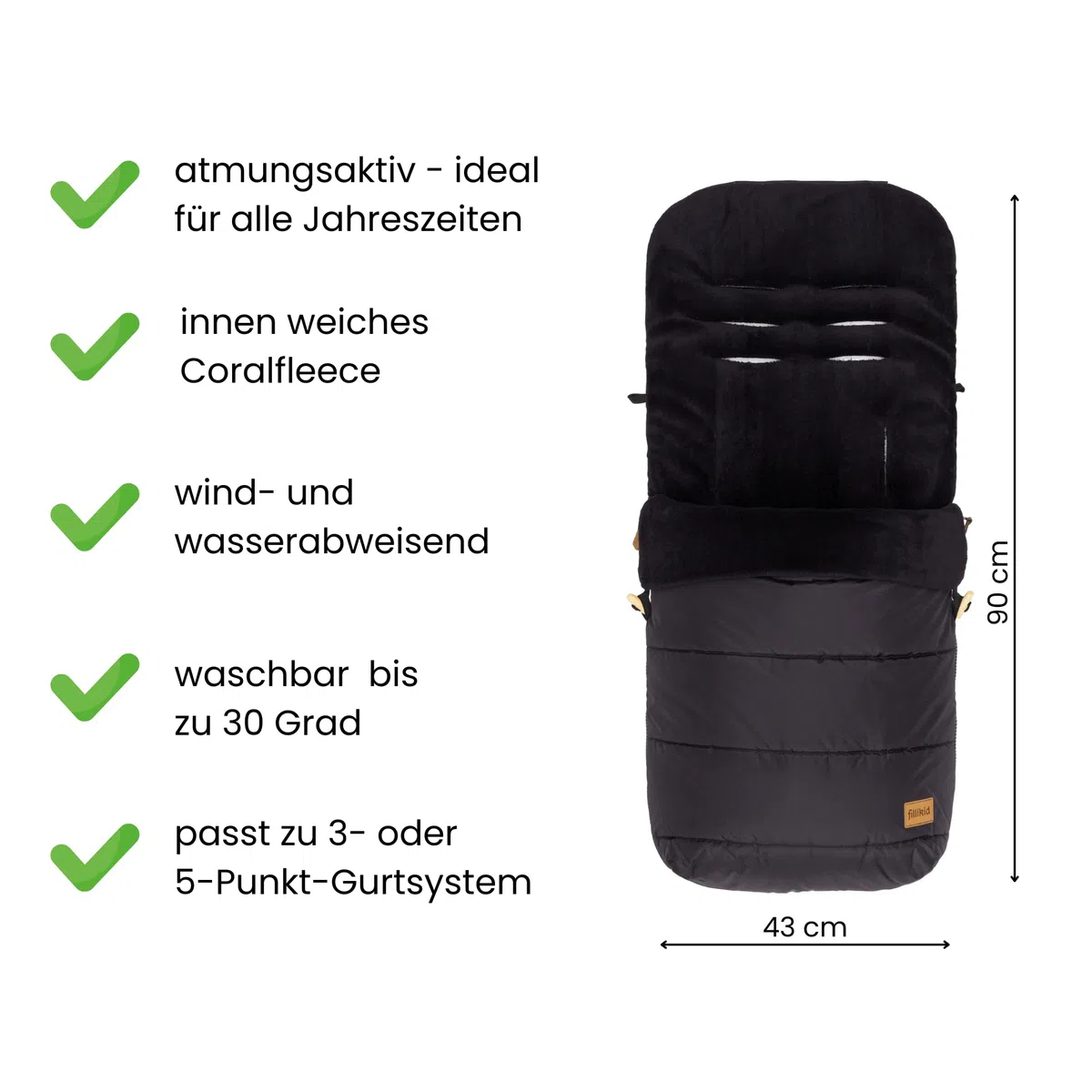 Fillikid Winterfußsack Lanin Exclusiv | Winter-Fußsack für Kinderwagen, Sportwagen & Buggy mit Anti-Rutschschutz, weicher Thermo-Fleece, Design:schwarz