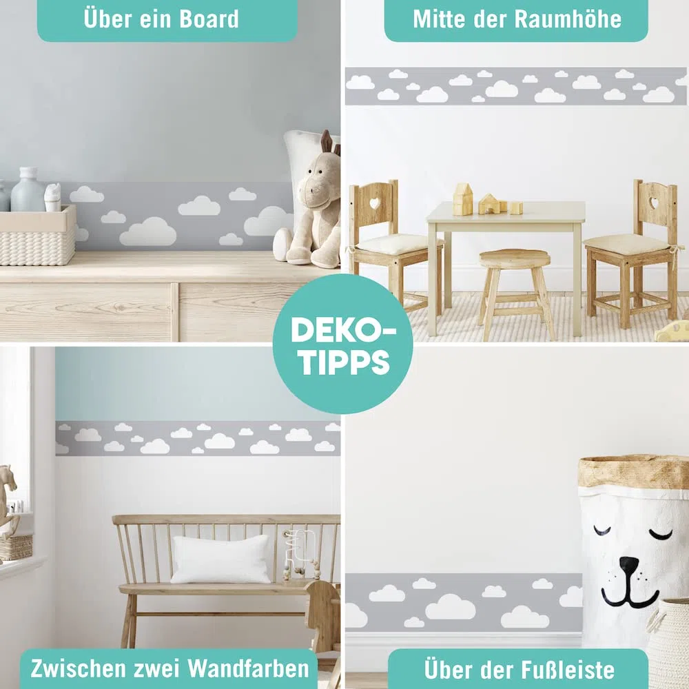 Bordüre selbstklebend WOLKE GRAU - Wandbordüre Kinderzimmer Babyzimmer mit Wolken - Wandtattoo Schlafzimmer Junge – Wanddeko Baby Kinder