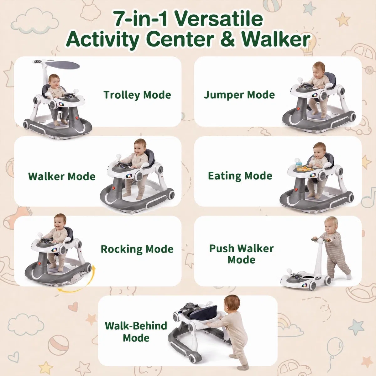 GIANTEX 7 in 1 Lauflernwagen, Lauflernhilfe höhenverstellbar mit Schaukelfunktion & Sprungmatte, Babywalker mit Licht, Musik, Spielecenter, Tablett, Laufwagen faltbar für Baby ab 6 Monaten (Grau)