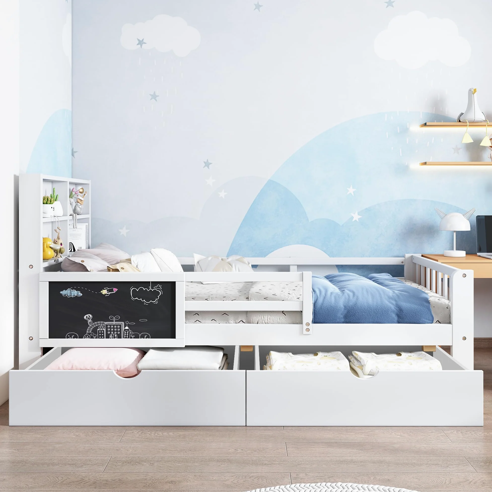 Kinderbett 90x200cm, Einzelbett mit 2 Schubladen und Tafel, Kopfteil mit Bücherregal, Kinder Bett mit Rausfallschutz und Lattenrost, Holzbett Funktionsbett Jugendbett Bettgestell, Ohne Matratze, Weiß