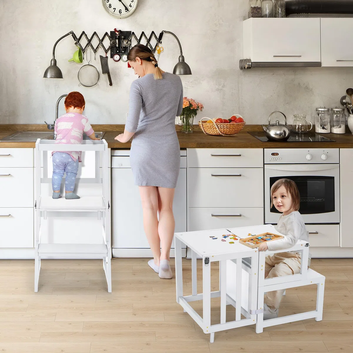 COSYLAND 3-in-1-Küchenhocker-Helfer für Kleinkinder, wandelbarer Stehturm mit Whiteboard für Kinder, Badezimmer, Küche, Theke, Helfer, Mutterhelfer, Lernhocker (Weiß)