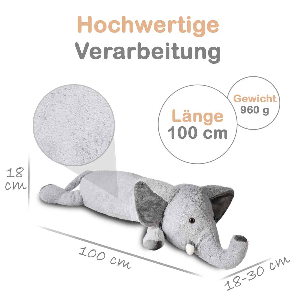 Seitenschläferkissen Elefant für Kinder, Kuschelkissen, Kuscheltier XXL Plüschtier, Stofftier, Schmusekissen, Grau 100cm