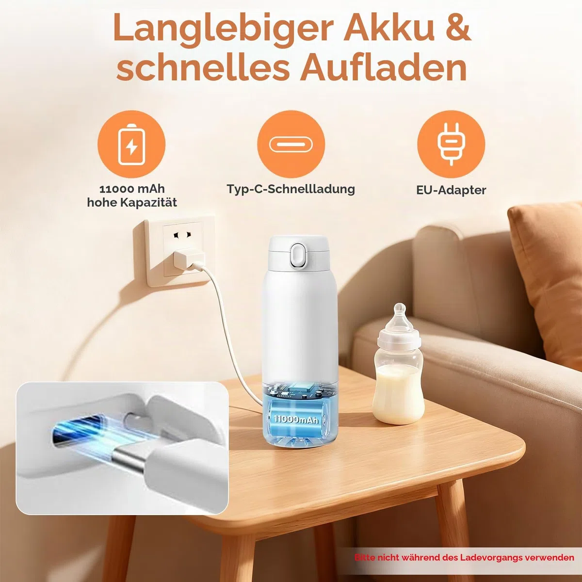 Tragbarer Flaschenwärmer Baby für Unterwegs, Zwei Heizmodi für Muttermilch und Wasser, Schnelles Aufheizen und Lange Akkulaufzeit, 500ml Kapazität, für Auto-und Flugzeugreisen