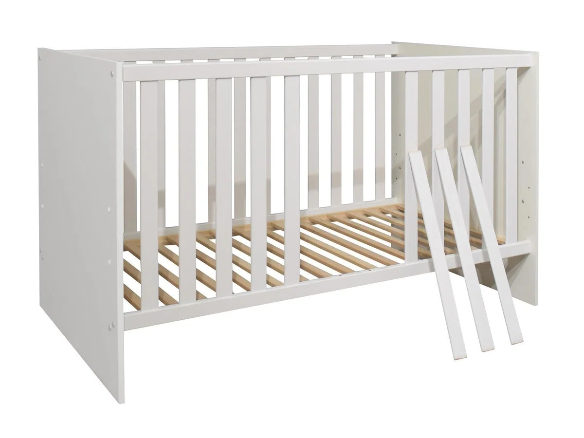 Kinderzimmer Set Sienna, 7-teilig mit Babybett 70x140cm, Wickelkommode, Kleiderschrank, Wandregal, aus Holzwerkstoff, Farbe Weiß Matt/Eiche Nelson