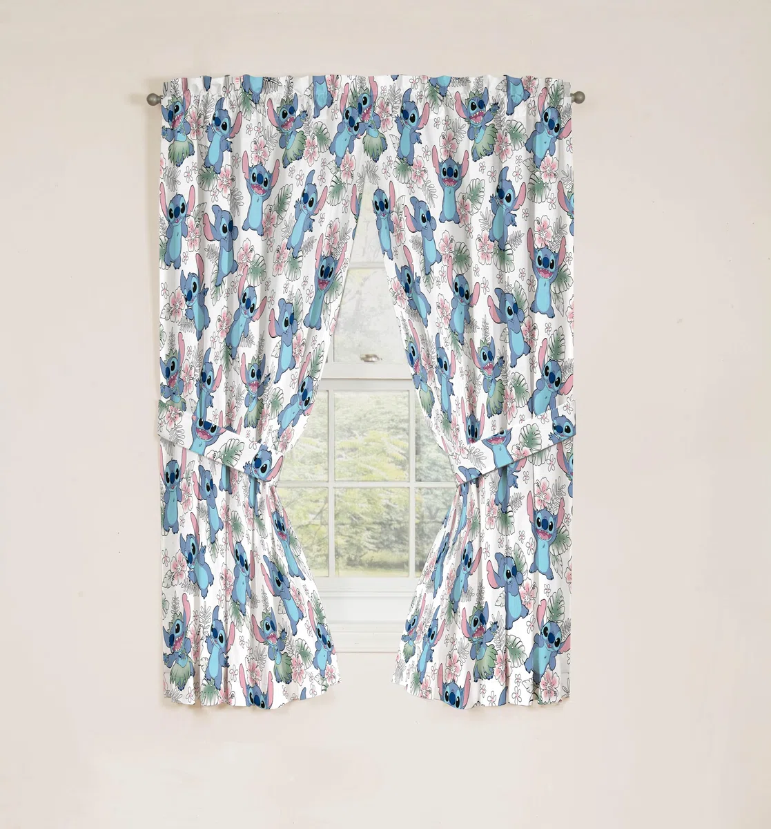 Jay Franco Fenstervorhänge für Kinderzimmer, 4-teiliges Drapier-Set mit 2 Raffhaltern, mehrfarbig – Lilo & Stitch, 106,7 cm B x 160 cm L (2 Stück)