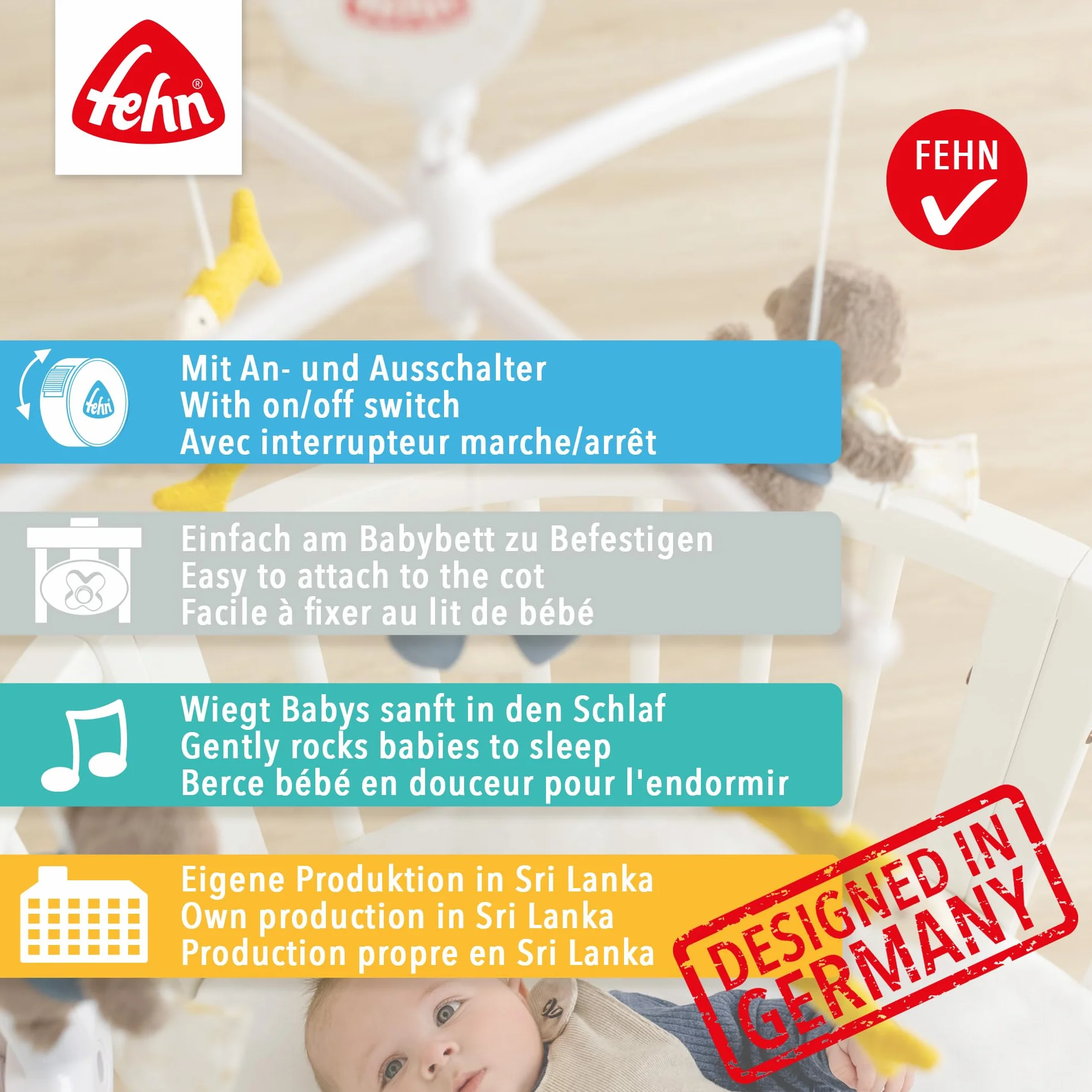 Fehn Musik Mobile Ocean Club - Baby Einschlafhilfe Musikspielzeug mit süßen Tieren - Babymobile Spieluhr Melodie "Der Mond ist aufgegangen" - Musikmobile Babybett Spielzeug für Babys von 0–5 Monaten
