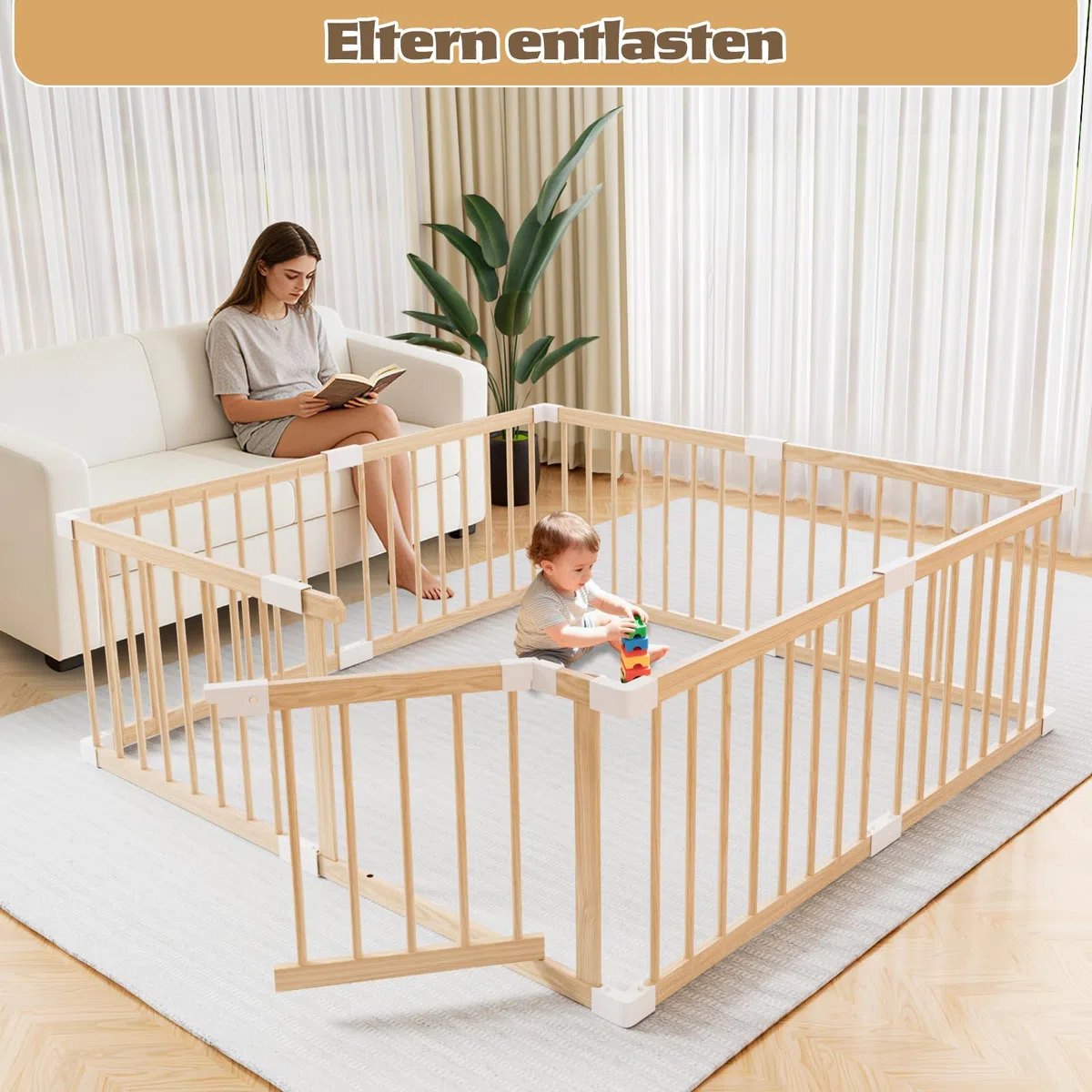 Baby Laufstall aus Holz mit Tür & Sicherheitsverschluss - Robustes Laufgitter zum Zusammenbauen, individuell formbares Krabbelgitter & Absperrgitter für Babys und Kleinkinder(135 * 134 * 61 cm)