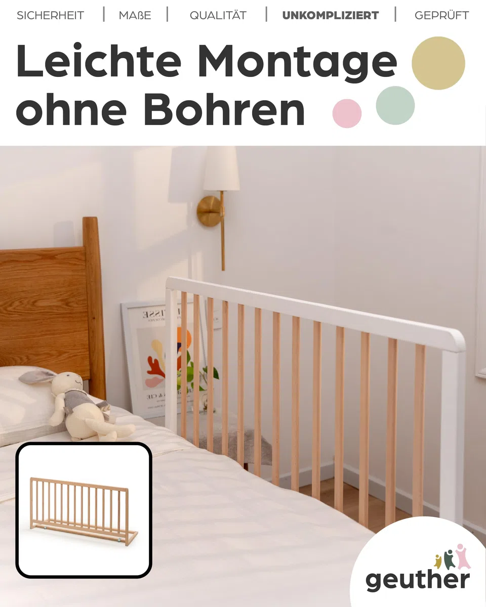 Geuther Bettschutzgitter Holz | Idealer Rausfallschutz Boxspringbett, extra hoch | Rausfallschutz Bett für Kinder | Bettgitter, Absturzsicherung Bett | Bett Rausfallschutz Kinder in 110cm Länge, Natur
