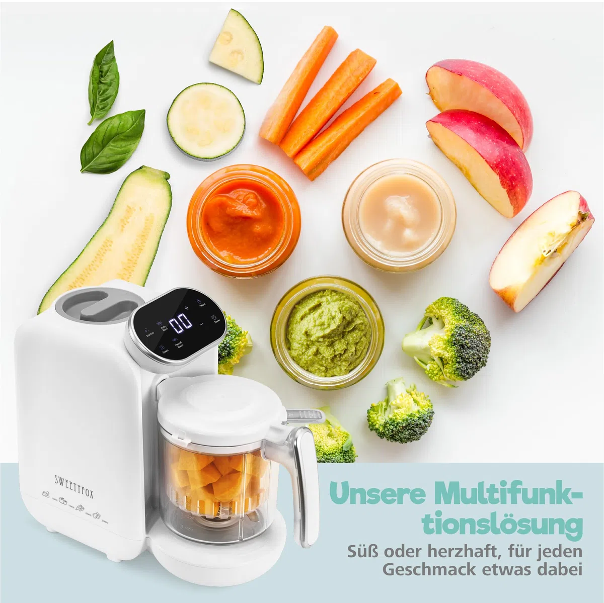 Sweety Fox - Babynahrungszubereiter Mixer - 7 Funktionen - Dampfgaren, Mixen, Pulsfunktion, Selbstreinigung, Sterilisieren, Aufwärmen, Auftauen - Babybrei Zubereiter
