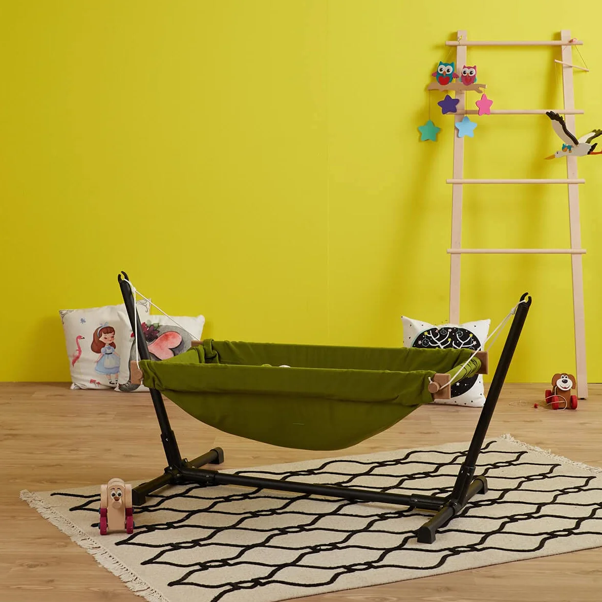 Baby Hammock with Stand Cradle 100% Cotton Cribs Travel Baby Hammock Wooden Swing with Stand