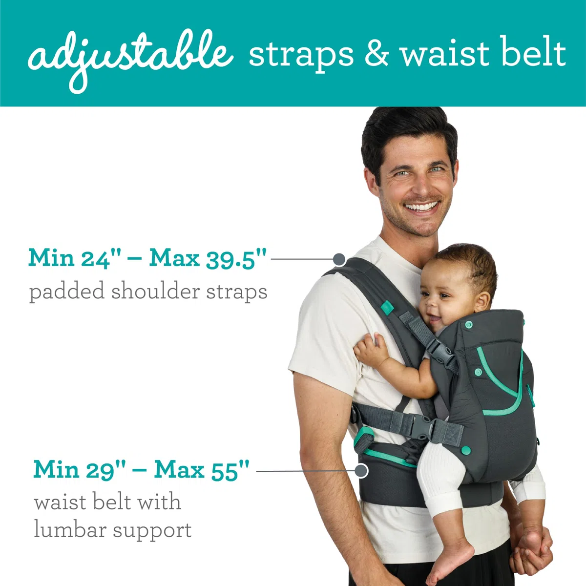 Infantino Carry On Active Babytrage, Ergonomische Multi-Taschen-Babytrage für Neugeborene bis Kleinkinder 3,6–18,1 kg mit Gepolsterten Trägern, Stauraum am Lendengurt, Grau