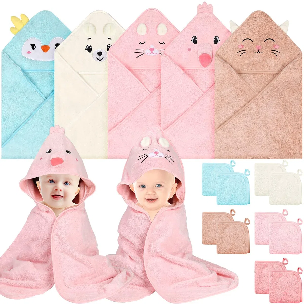 Babyhandtücher mit Kapuze, 5 Stück, weiche Baby-Badetücher mit Kapuze für Babys, 10 Stück Baby-Waschlappen für Neugeborene, Kleinkinder und Kinder, ultra saugfähig, beste Geschenke für Jungen und