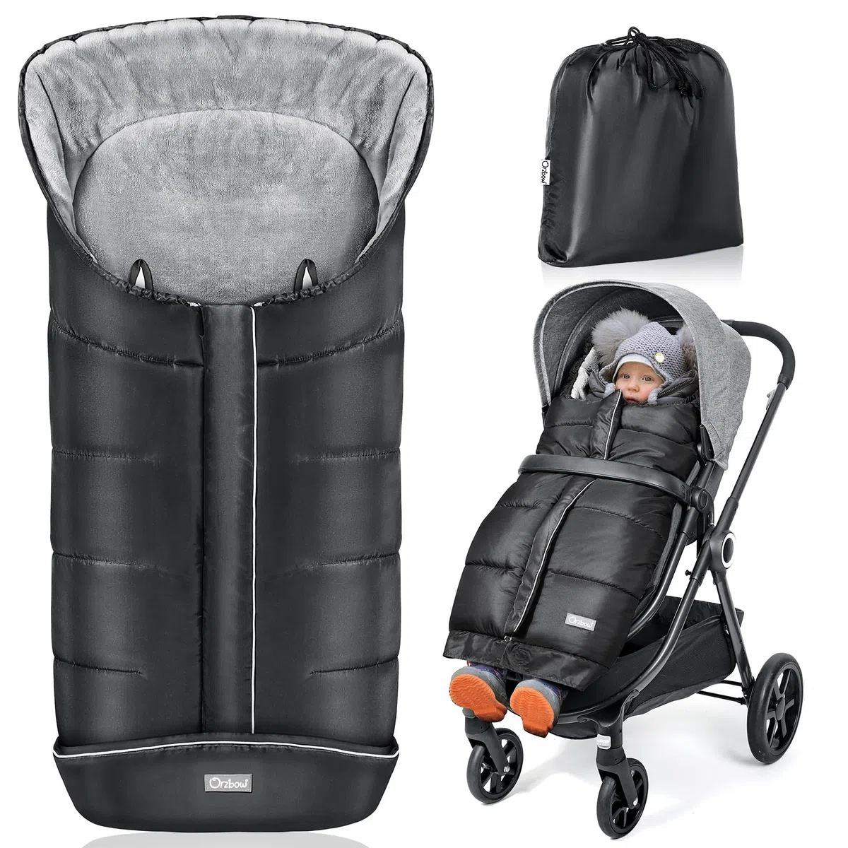 Orzbow Fußsack Kinderwagen Winter, Fusssack Baby mit Korallen-Fleece, Reißverschluss, Anti-Rutschschutz, Reflektorstreifen, Wasserdicht, Schwarz