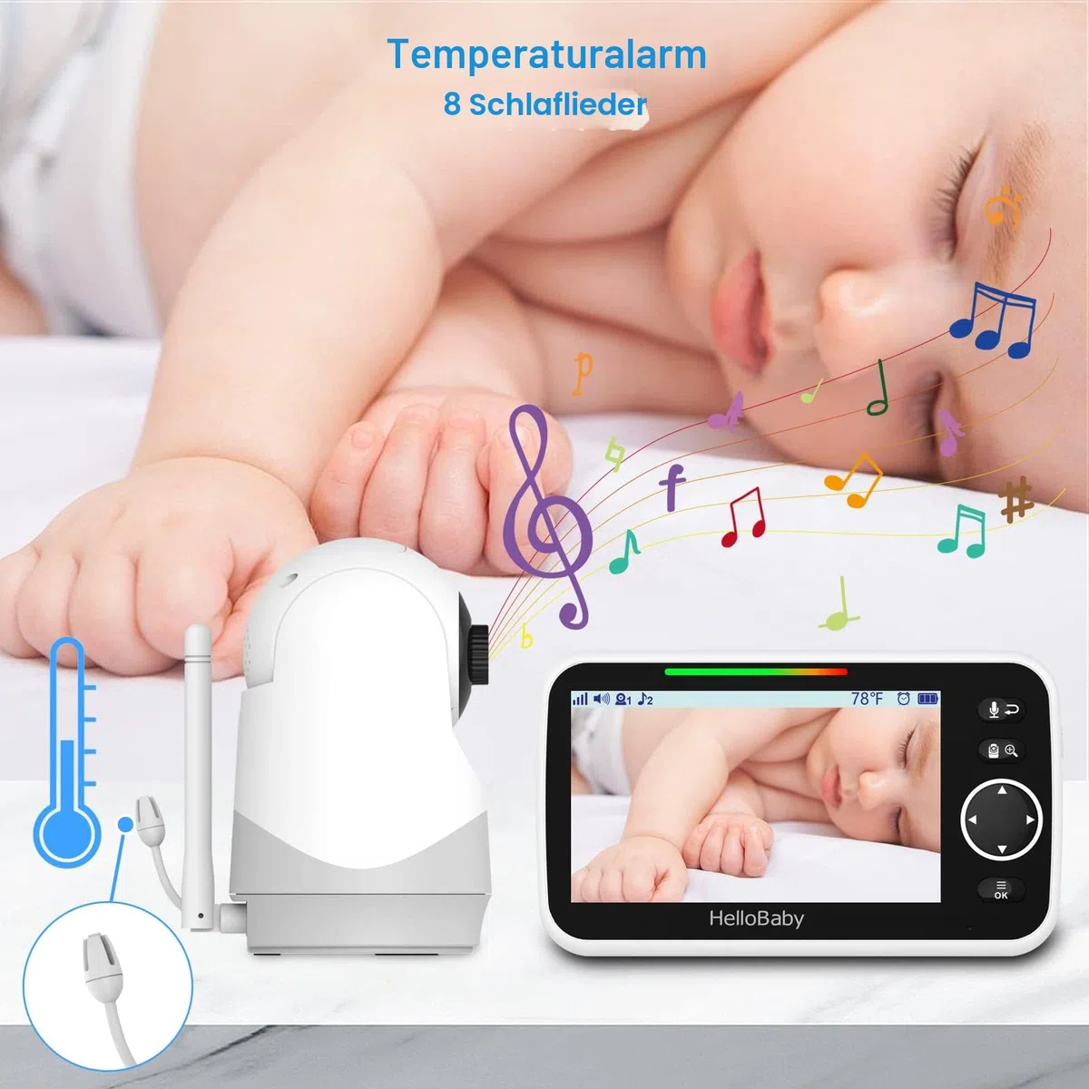 HelloBaby Monitor mit Kamera und Audio, 5-Zoll-Großbildschirm mit 3500-mAh-Akku, Ferngesteuerte Pan-Tilt-Zoom-Kamera, Zwei-Wege-Gespräch, ECO-Modus, automatische Nachtsicht, Reichweite bis zu 293 m