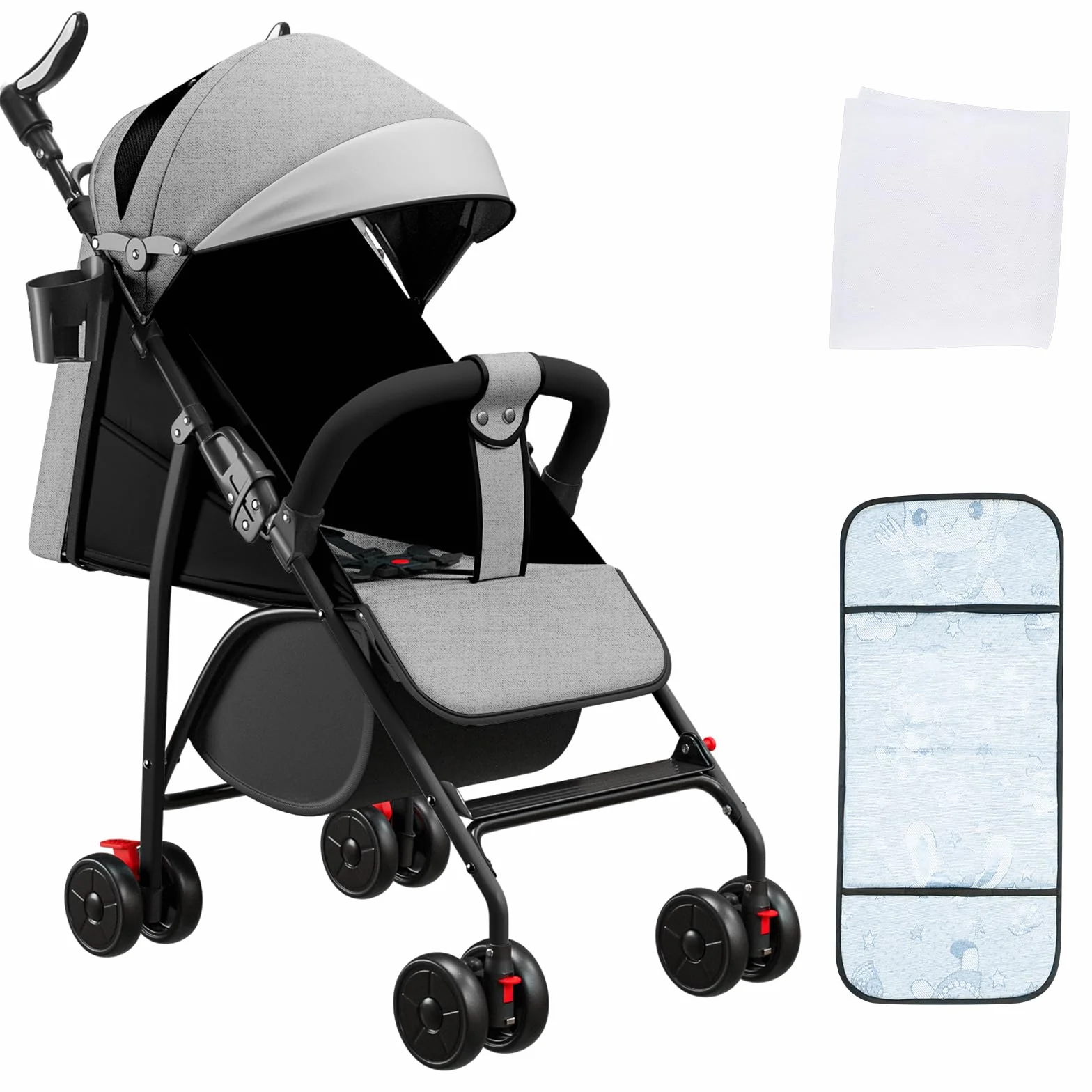 Kompakter Kinderwagen mit Liegeposition, von Geburt bis 4 Jahre (bis 25 kg), Sitzen oder Liegen, verstellbarer Griff, Kinderwagen mit 4 Rädern mit Baumwollmatte + Moskitonetz – 47 x 72 x 97 cm – Grau