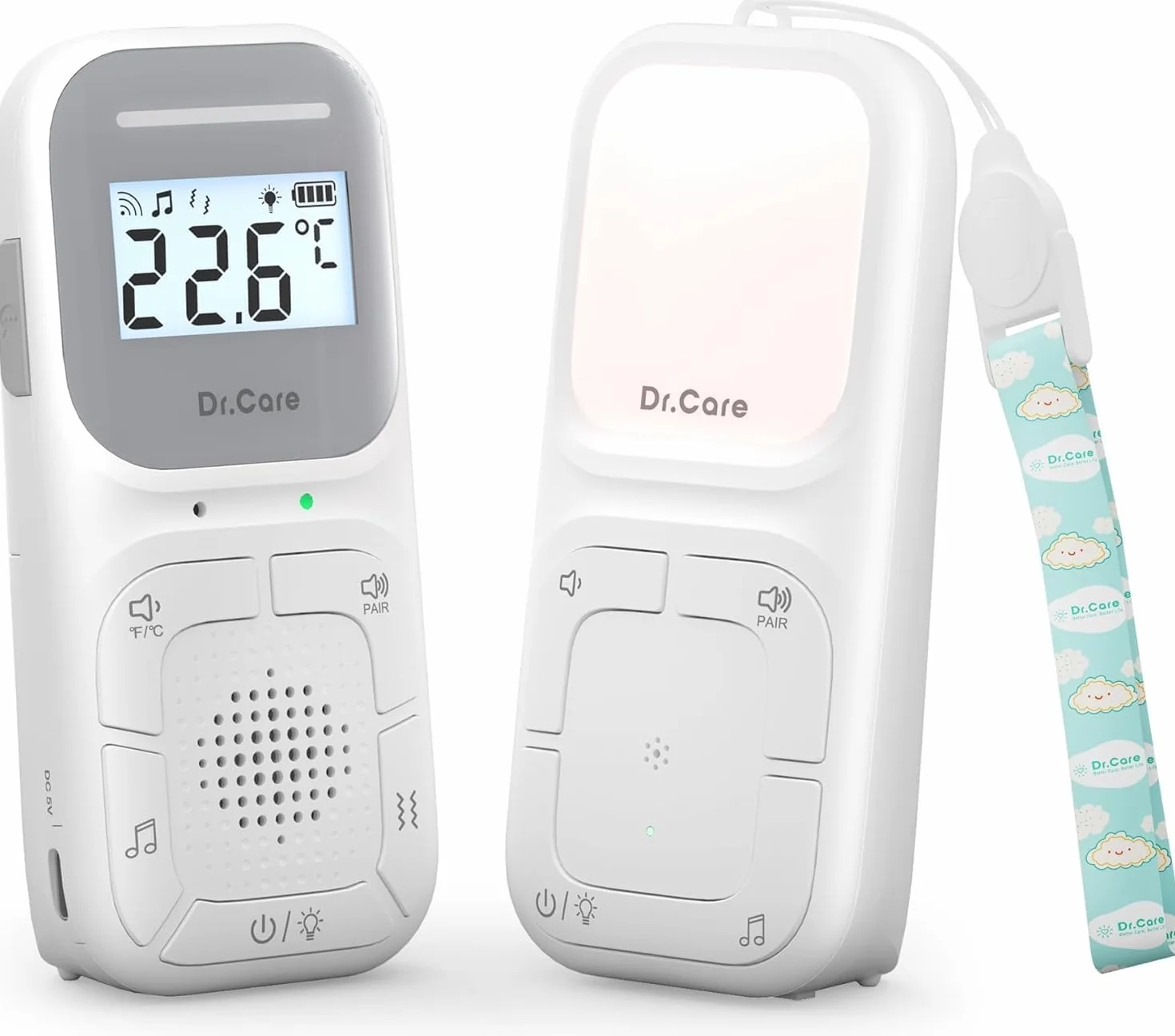 Dr.Care NeoGo Audio Baby Monitor – Vorgepaart, Gegensprechfunktion, VOX, Nachtlicht, Schlaflieder, Vibrationsalarm, 300 m Reichweite, Akku, Clip & Trageschlaufe, Kein WLAN