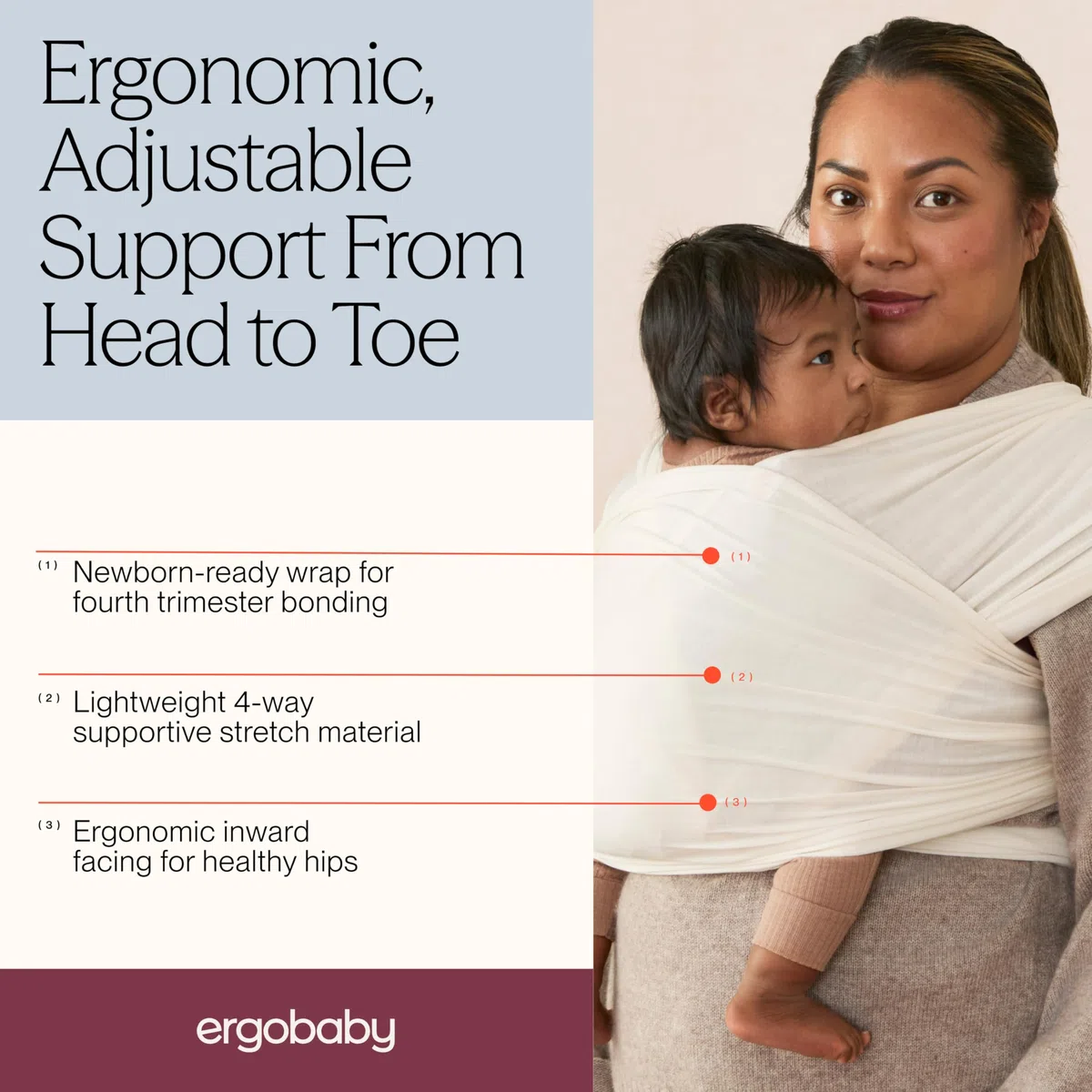 Ergobaby Babytragetuch für Neugeborene ab Geburt bis 11,3 kg, Aura Knit Tragetuch aus recycelten Stoffen, Elastisch und atmungsaktiv, Sling Wickeltuch unisex, Cream