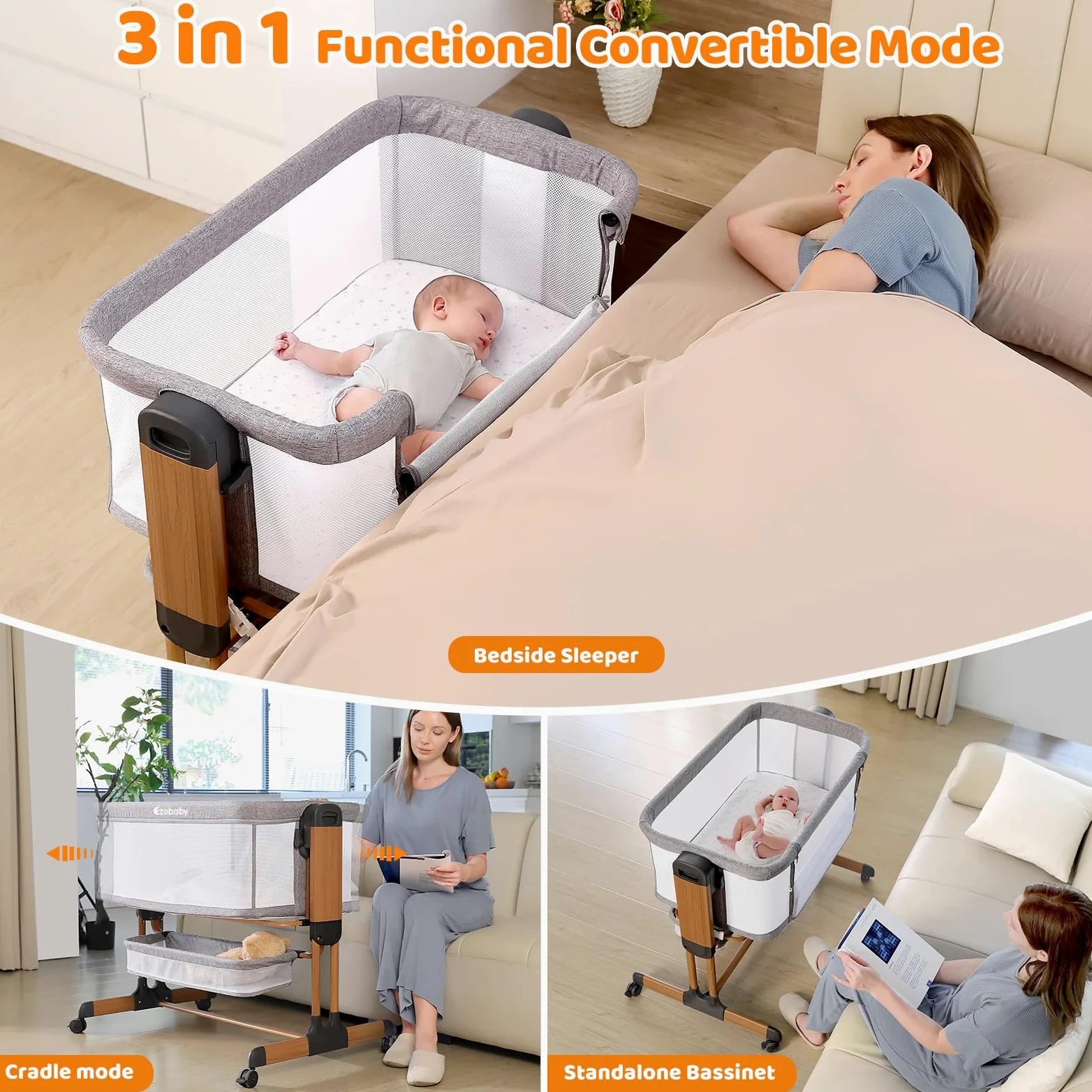 Ezebaby Beistellbett, 3 in 1 Babybett Babywiege für Neugeborene, Schaukelbettchen für Zuhause und Unterwegs mit Rädern Verstellbare 7 Höhen (Holzmaserung)