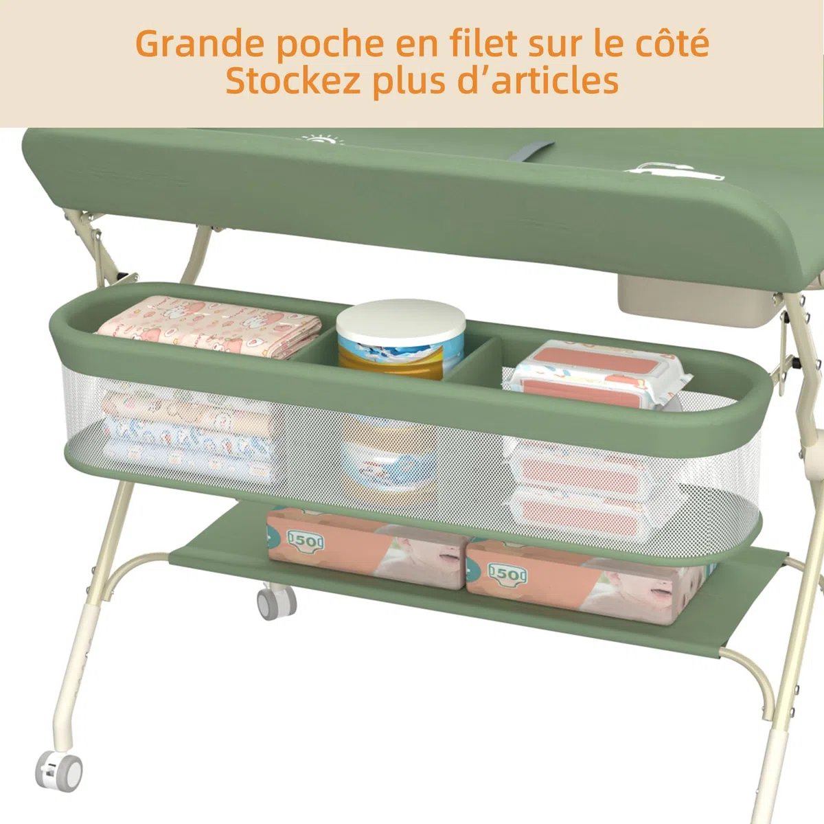 Wickeltisch Mobile – Wickelunterlage für Babys – klappbar – höhenverstellbar – Aufbewahrungskorb – Regal – Rad abschließbar – Grün