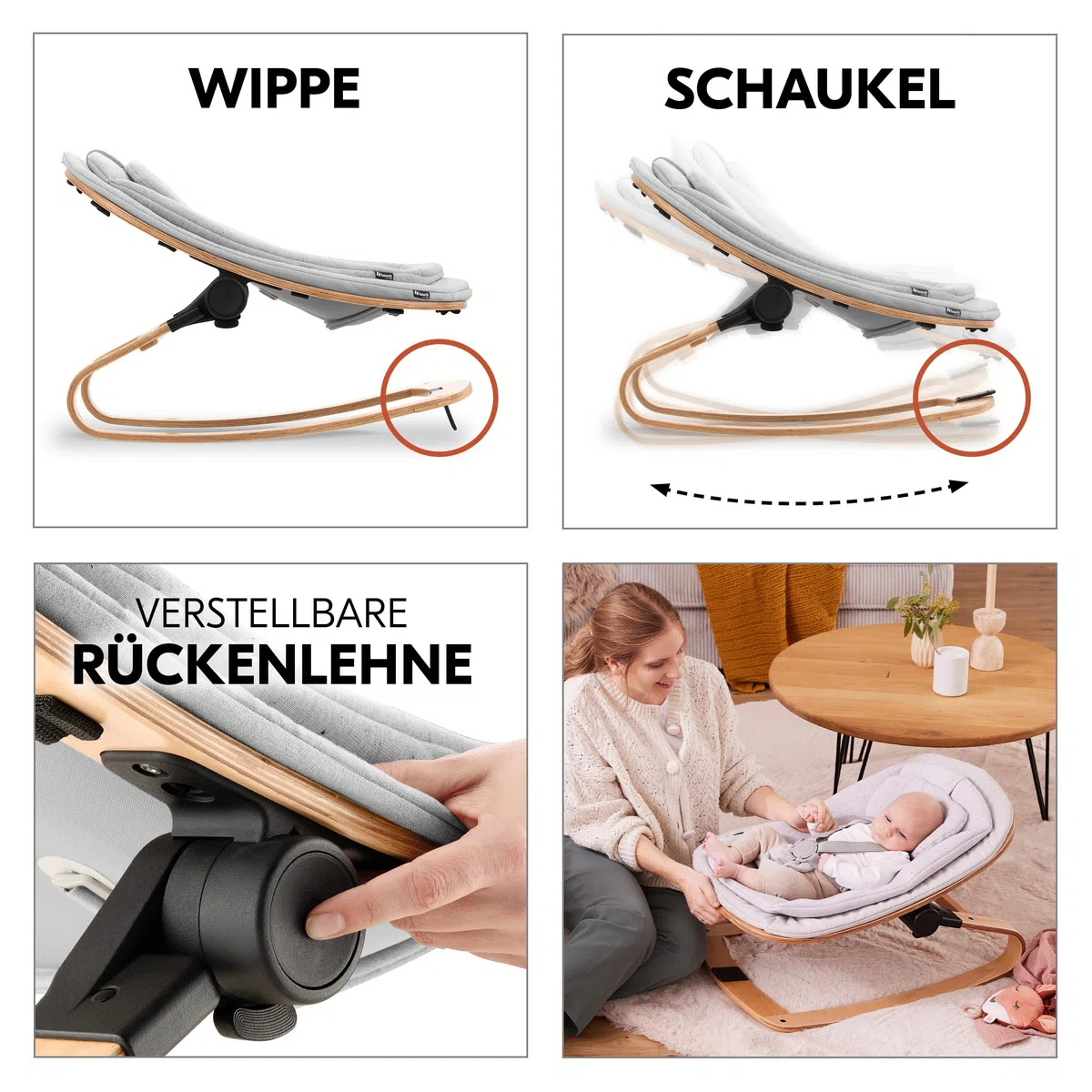 Hauck Beta+ Hochstuhl Newborn Set mit Eco Bouncer Natural - Mitwachsender Holz Kinderhochstuhl mit Rollen ab Geburt bis 90 kg inkl. Neugeborenenaufsatz, Essbrett & Sitzkissen