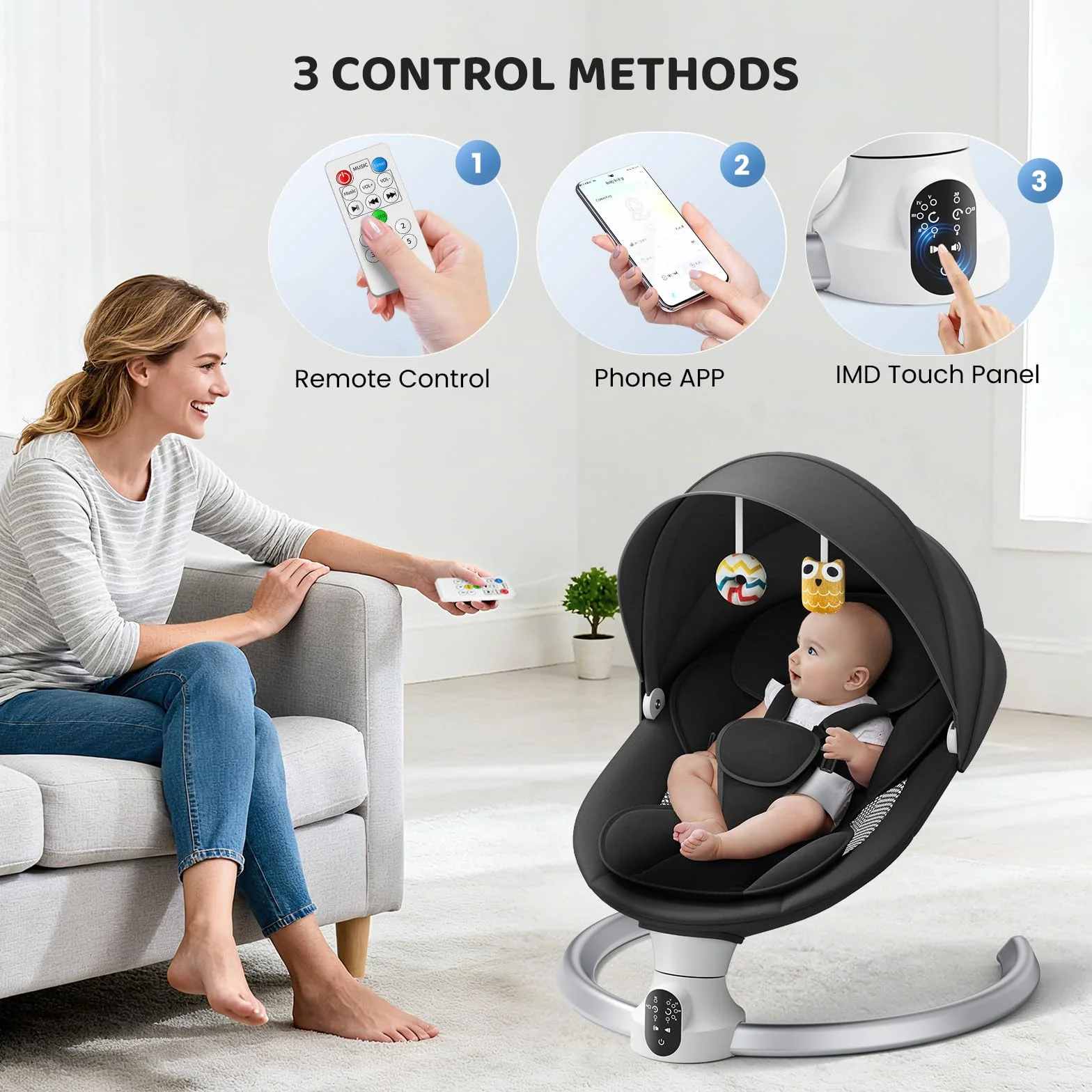 Babywippe Elektrisch - App & Fernbedienung Babyschaukel Elektrisch Mit 3 Timer, 5 Schaukelgeschwindigkeiten, 10 Musik, Bluetooth Verbindung Weich Gepolstert Baby Wippe (Schwarz)