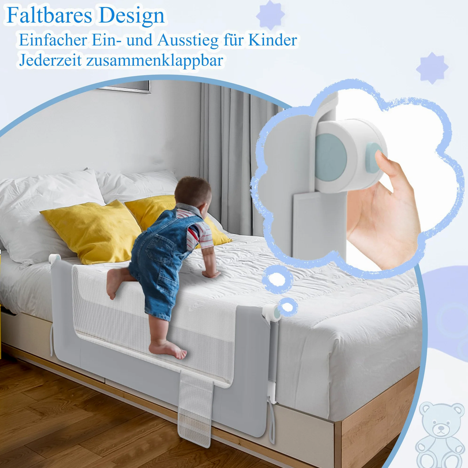 Aufun Bettgitter Rausfallschutz Portable 180cm, Faltbar Kinderbettgitter für Kinder Babybettgitter Klappbar, Tragbar, Bettschuztgitter Bett für Babys und Kinder im Elternbett, Grau
