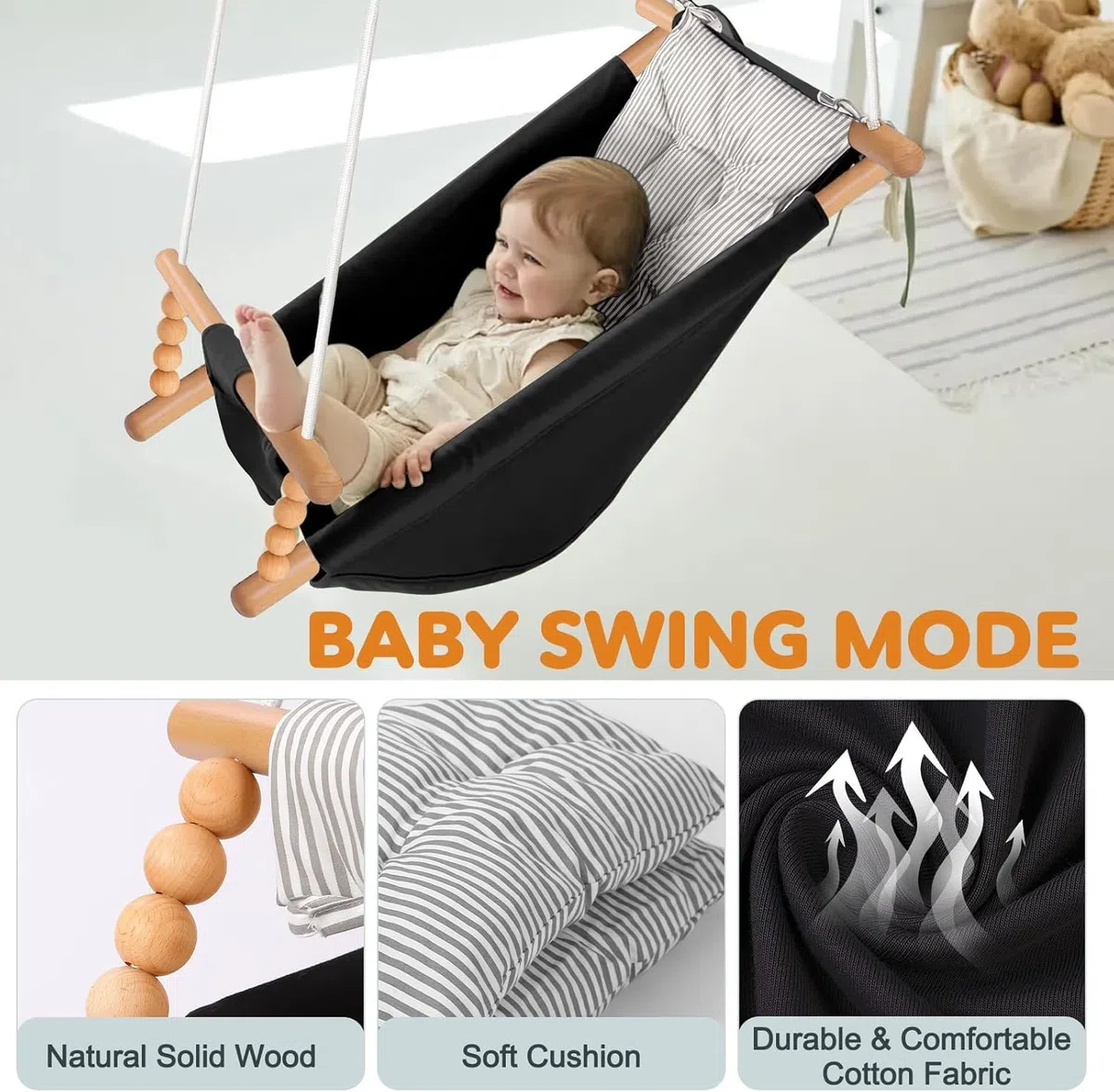 2-in-1 Türhopser Baby und Schaukel, Montessori-Holzschaukelset mit Gestell für drinnen und draußen, Baby-Hüpfer und Hängemattenschaukel mit 5-Punkt-Sicherheitsgurt, Geeignet für Kinder bis 3 Jahre