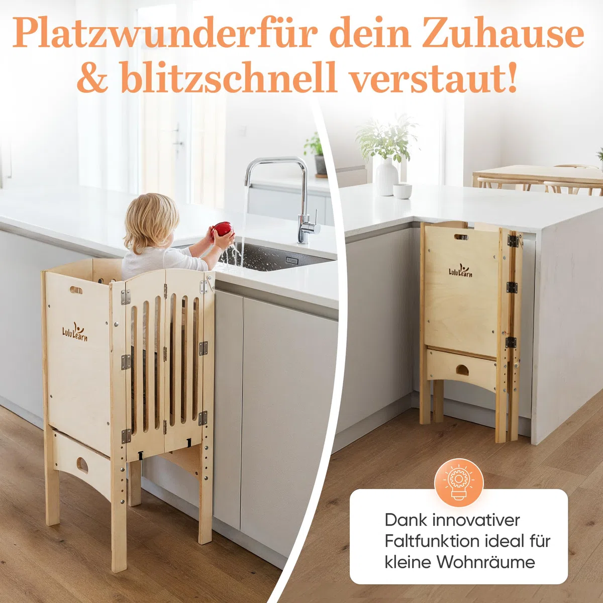 Lernturm ab 1 Jahr [FALTBAR] – Montessori Learning Tower, vormontiert, höhenverstellbar & extra sicher | Platzsparender Tritthocker für Küche & Alltag (Natural)