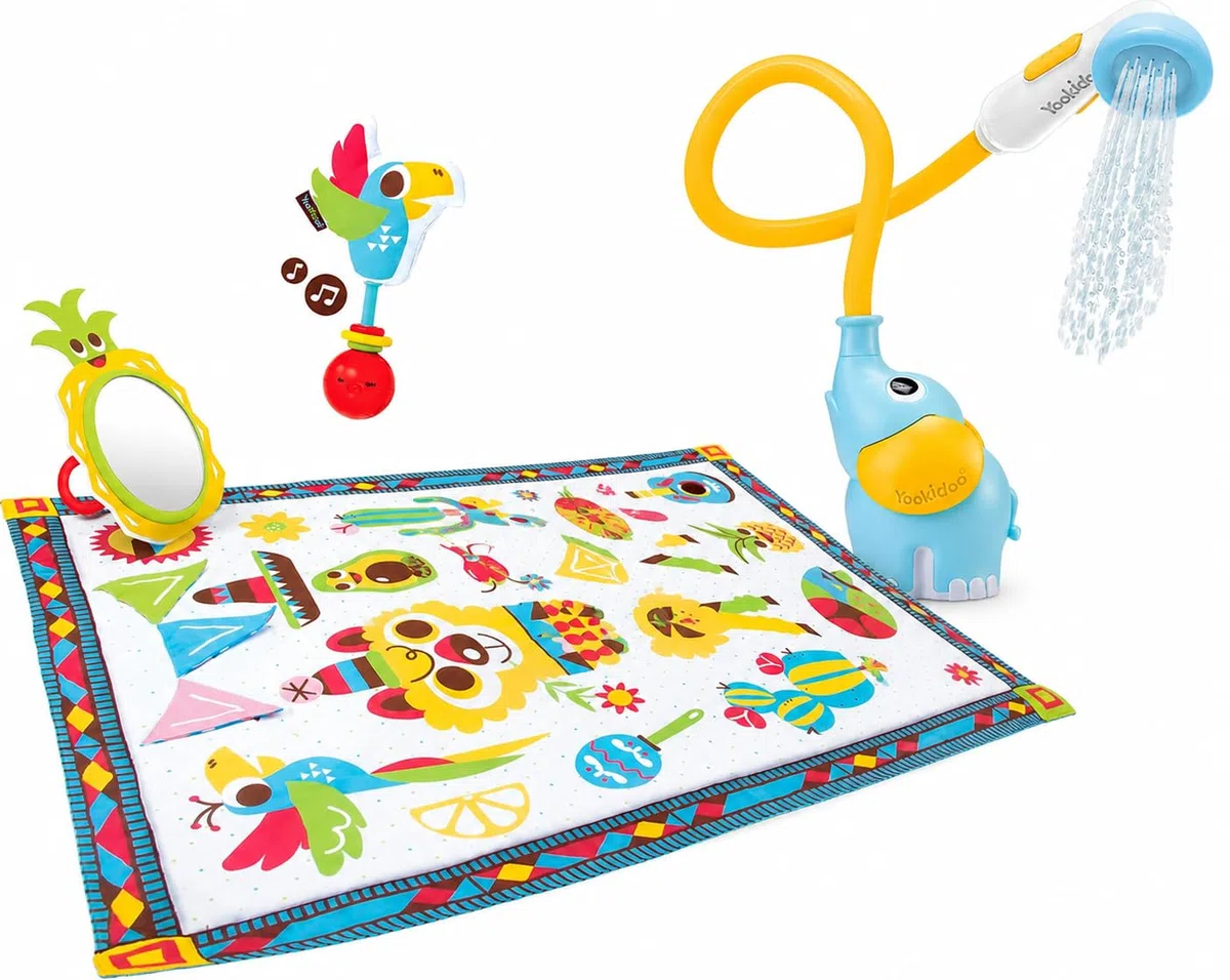 Yookidoo Fiesta Spielmatte & Baby Duschkopf Bundle – XL Spieldecke 145 x 100 cm mit Sensorischem Spielzeug + Elefanten Baby-Badewannen Duschkopf