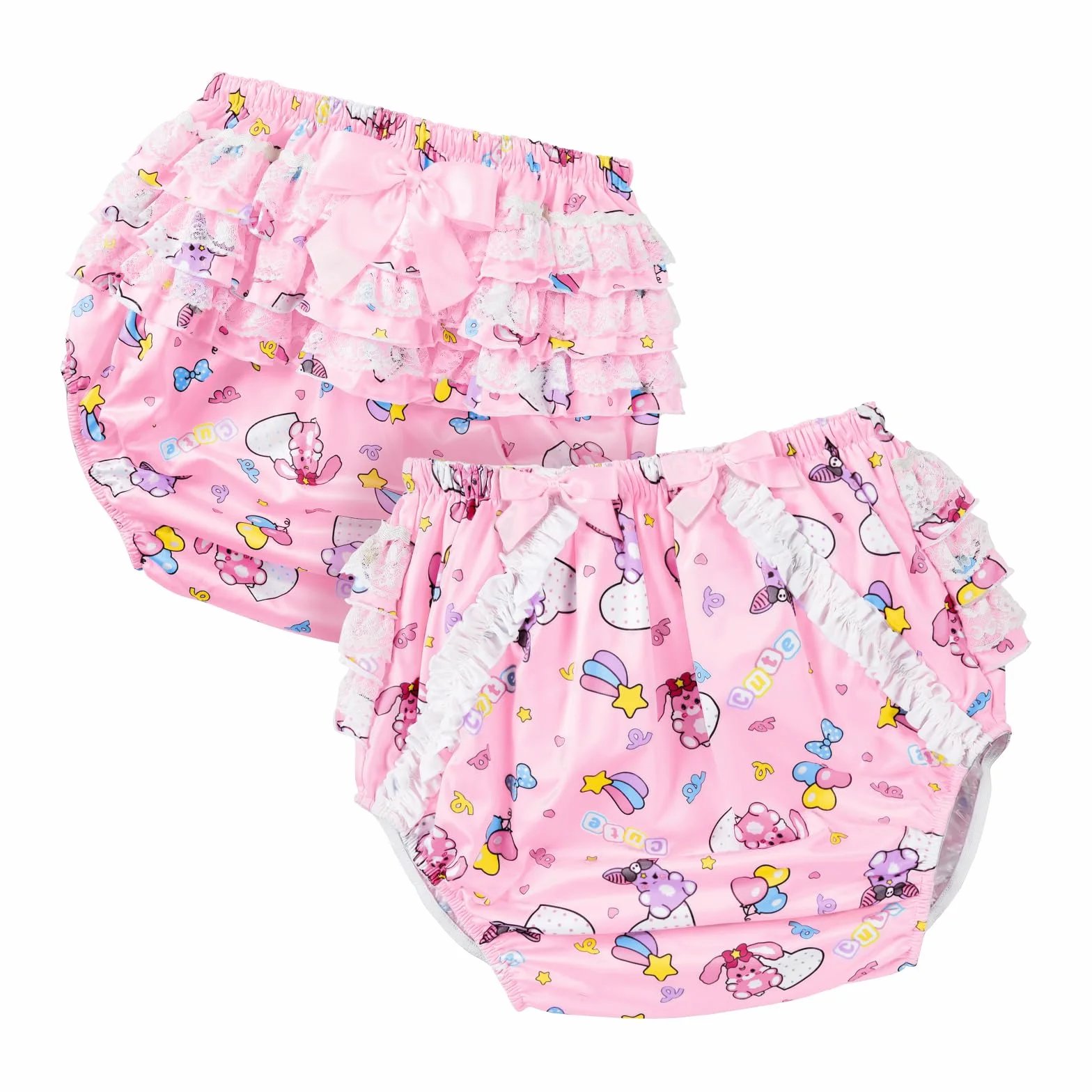 LittleForBig Seidenartiger Waschbarer Wiederverwendbarer Wasserdichter Rüschenspitze mit Satinband Baby Usagi & Bella Muster Rüschen Erwachsene Windel Abdeckung Rosa L