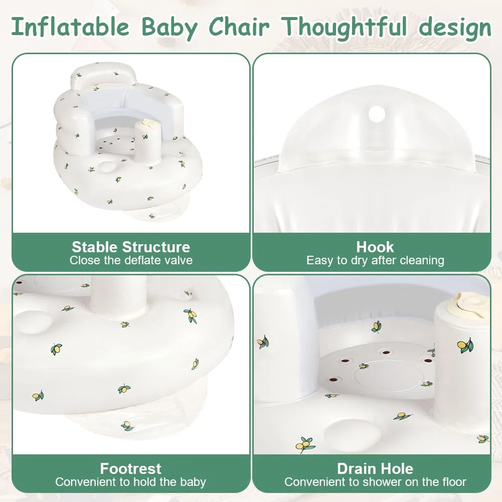 Aufblasbarer Babysitz, tragbarer aufblasbarer Babysofasitz mit eingebauter Luftpumpe, Kleinkind-Badesitz für Reisen über 3 Monate, Kleinkind-Bodensitz für Reisen, Olivenblüte
