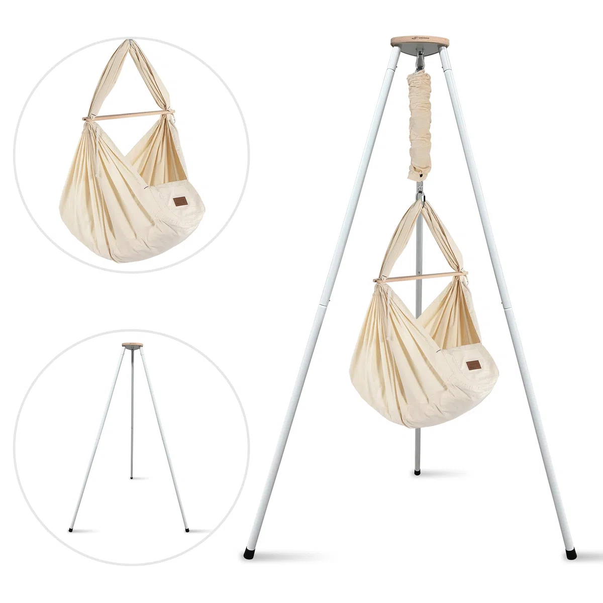 SCHMUSEWOLKE Federwiege - Set mit weißem Tipi-Gestell - Hängematte für Babys und Kleinkinder ab Geburt bis 3 Jahre - Bio-Baumwolle - Mit Schafwoll-Matratze