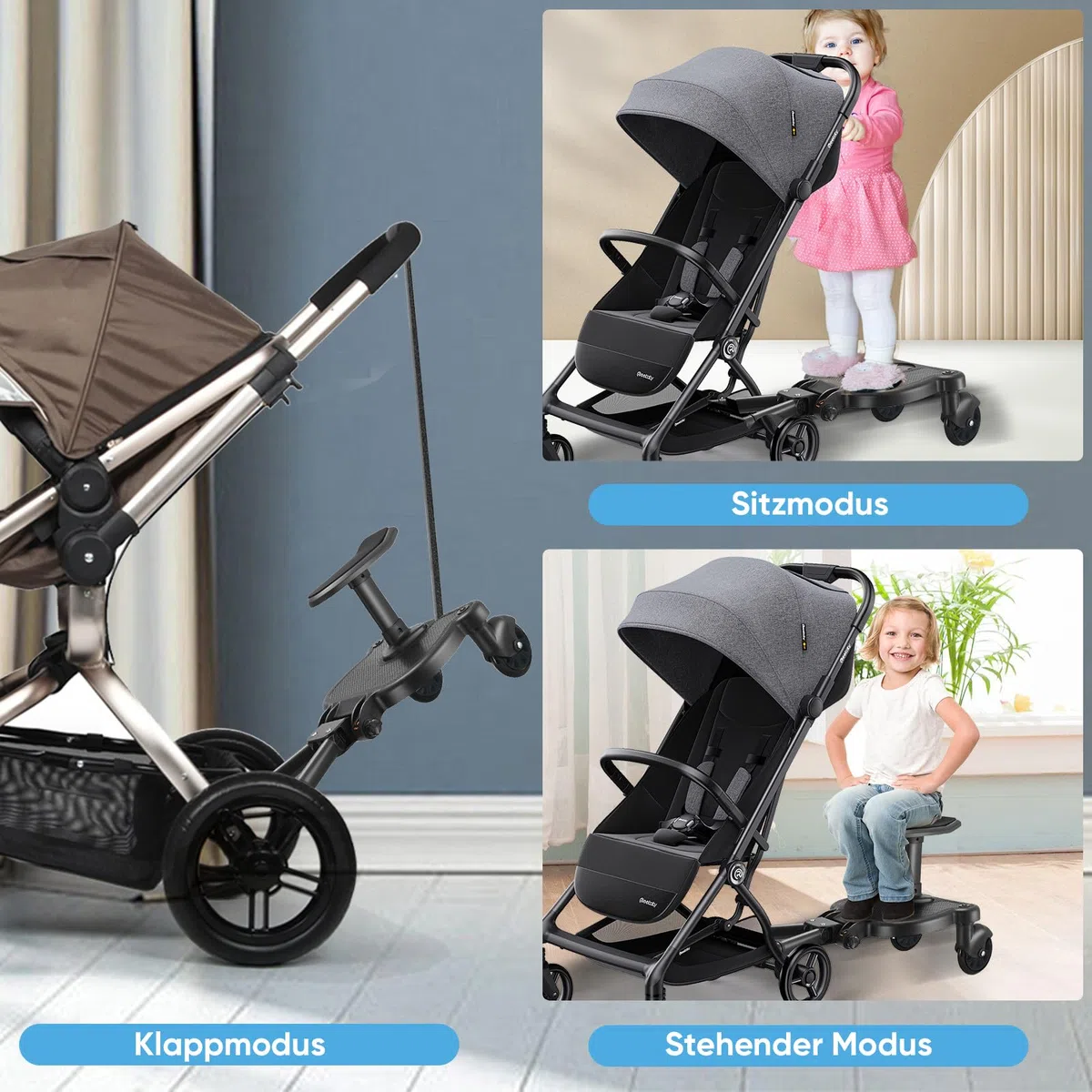 Mevip Buggy Board mit Sitz, Trittbrett Mitfahrbrett Universal, Kinderwagen Board mit Kinderwagen Organizer und Aufhängegurt,für 99% der Kinderwagen, Bearing 25KG