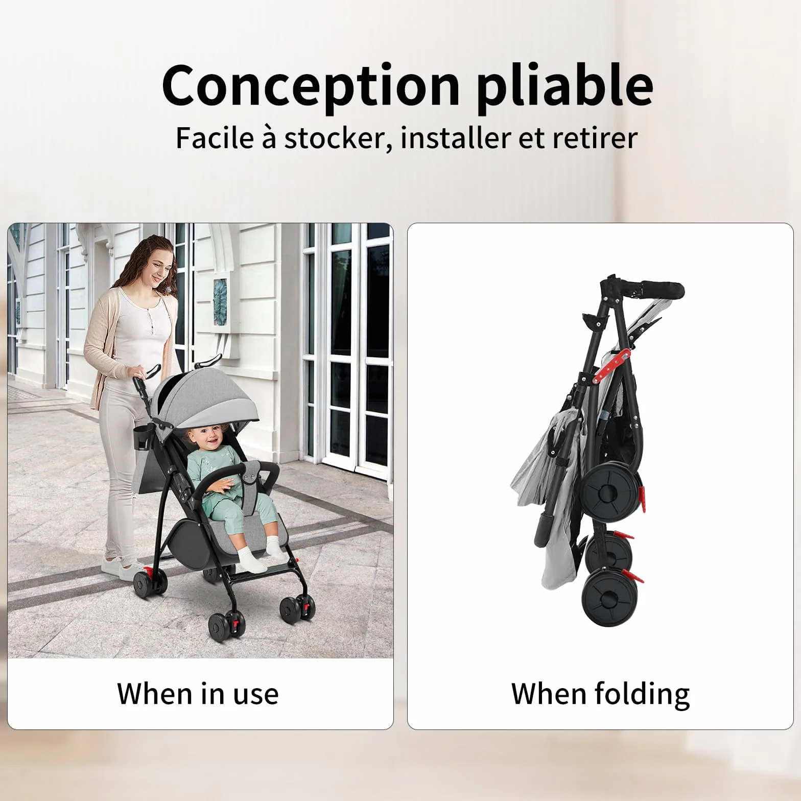 Kompakter Kinderwagen mit Liegeposition, von Geburt bis 4 Jahre (bis 25 kg), Sitzen oder Liegen, verstellbarer Griff, Kinderwagen mit 4 Rädern mit Baumwollmatte + Moskitonetz – 47 x 72 x 97 cm – Grau